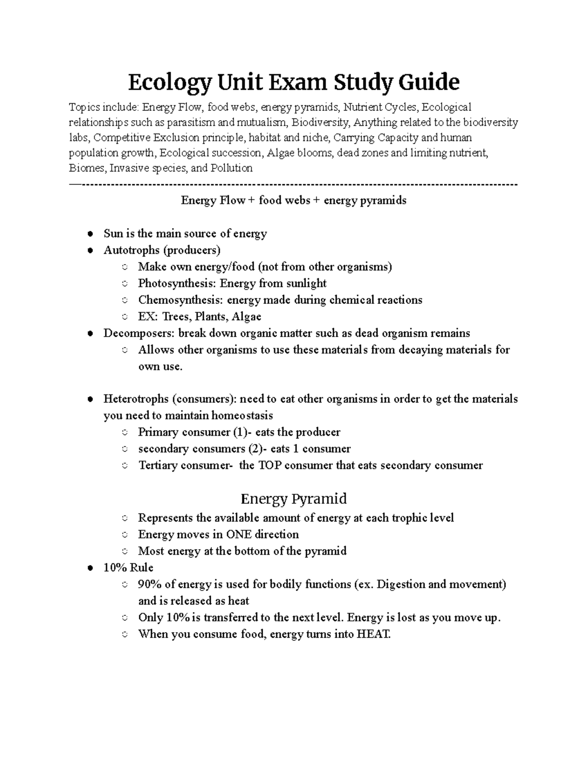 Biology Ecology Unit Exam Study Guide - Ecology Unit Exam Study Guide ...