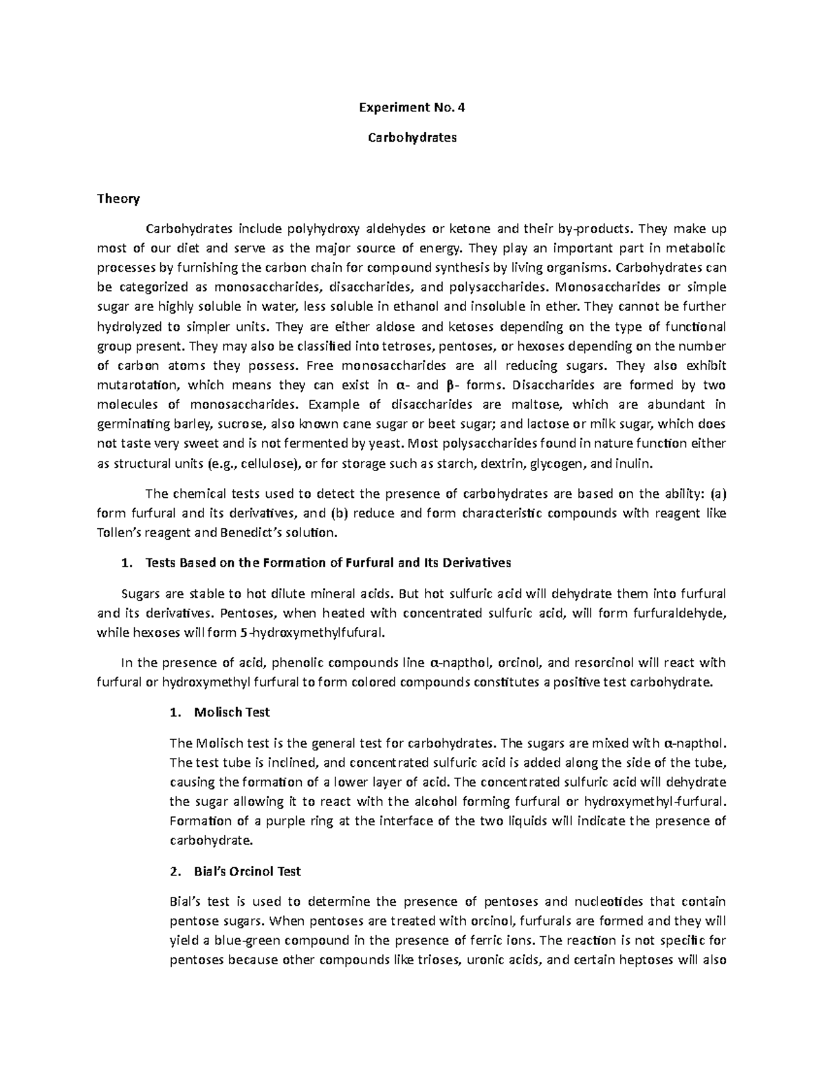 C123 W5 E Carbohydrates-1 - Experiment No. 4 Carbohydrates Theory ...