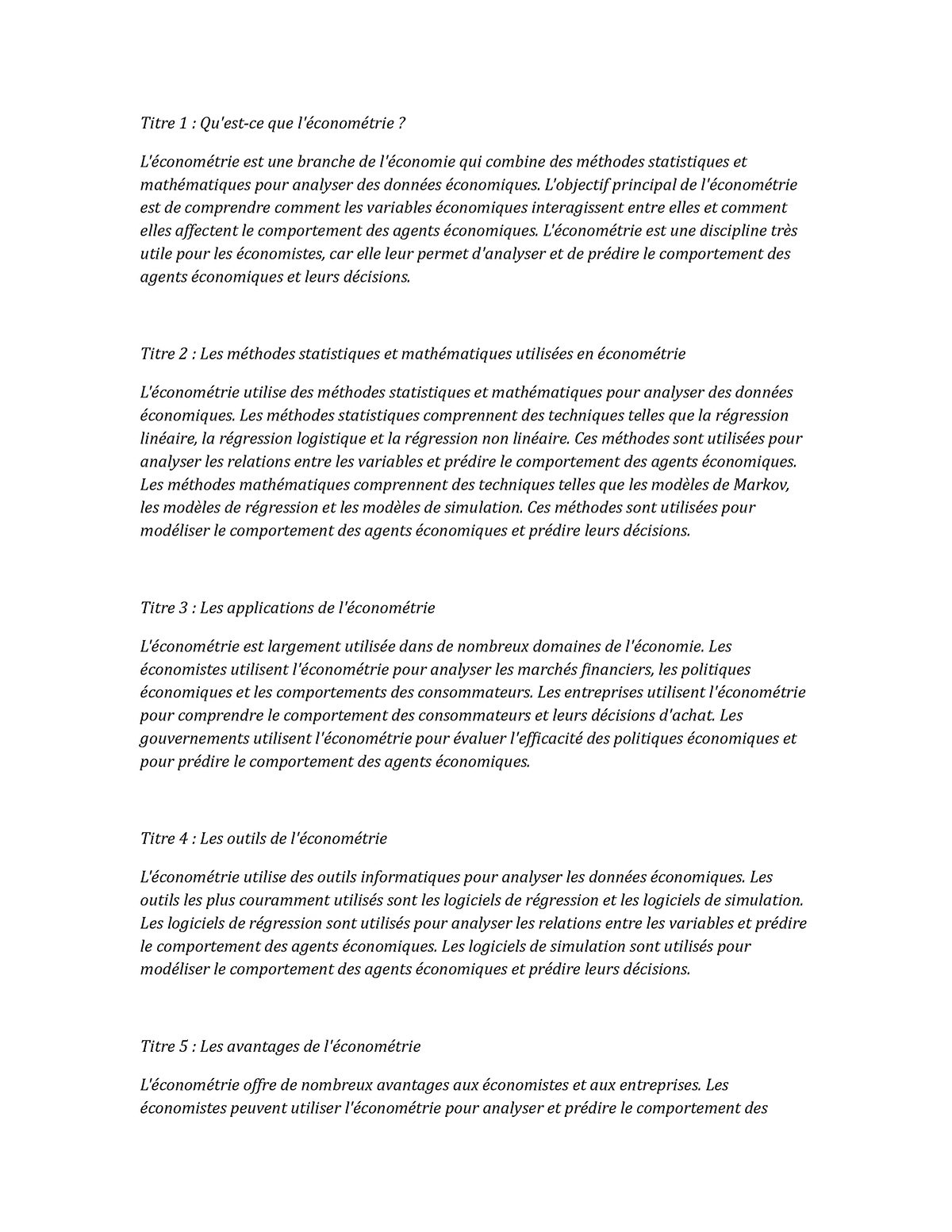 Econometrics - Titre 1 : Qu'est-ce que l'économétrie? L'économétrie est ...