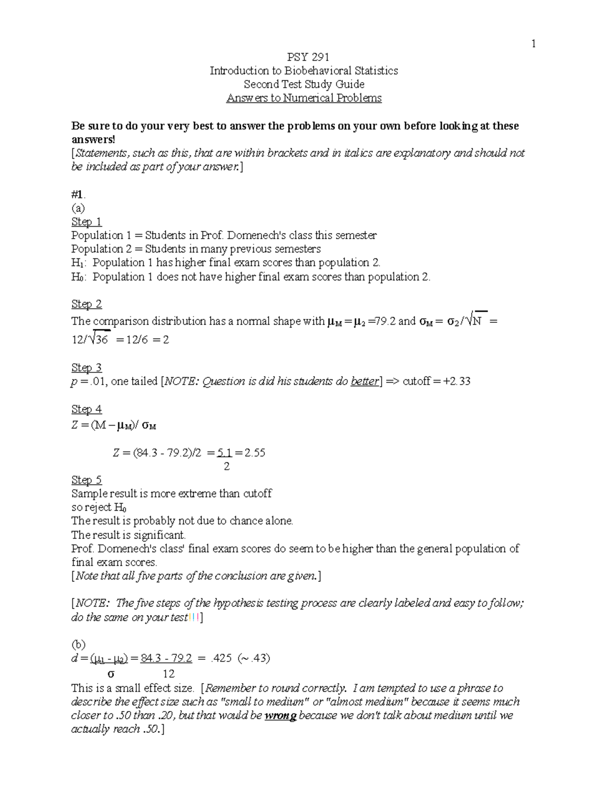 Aron Stats Answers 2nd test study guide - PSY 291 Introduction to ...