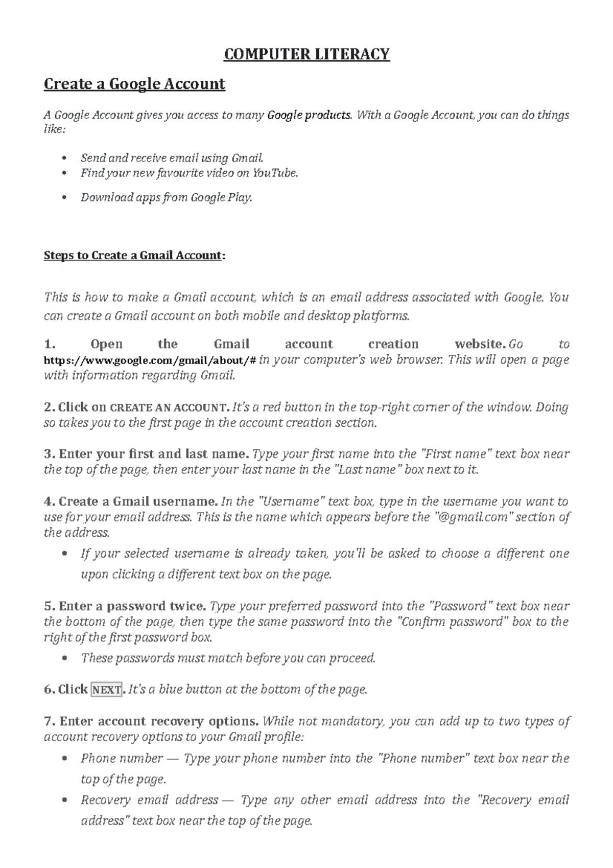 Create a Google Account-Gdrive-Blog and Basic Excel formulas - COMPUTER ...