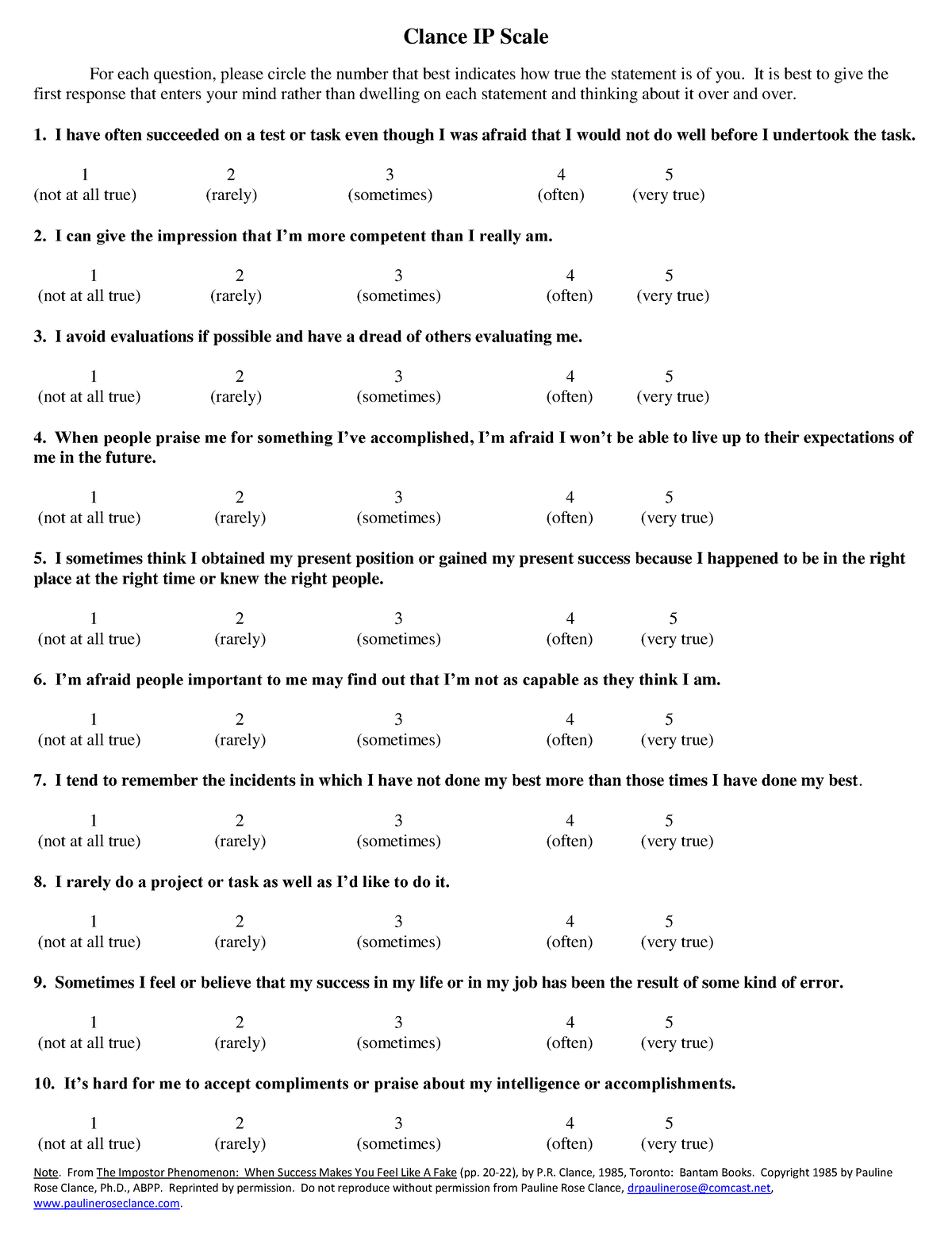 CIPS - Clance and Imes - Clance IP Scale For each question, please ...