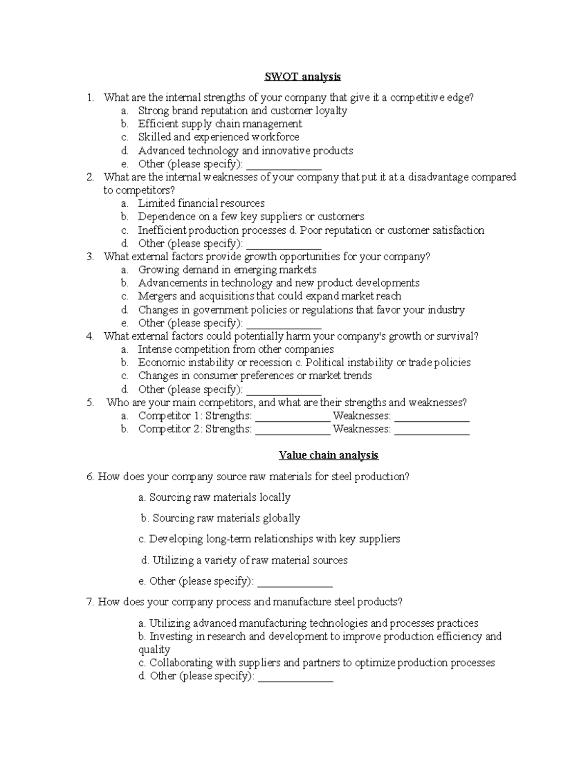 BSRM questionnair - question - SWOT analysis What are the internal ...