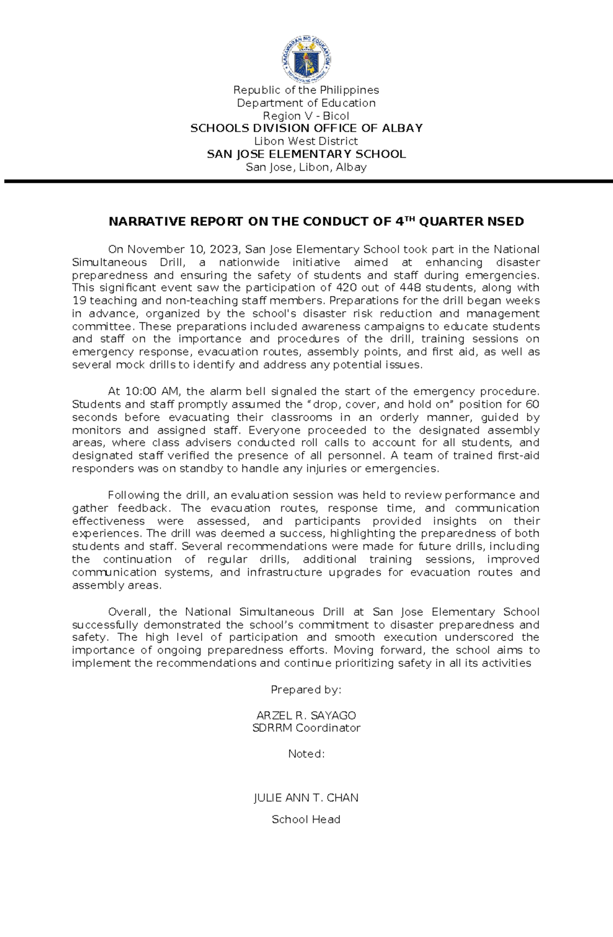 Narrative Report ON THE Conduct OF 4TH Quarter NSED Republic of the