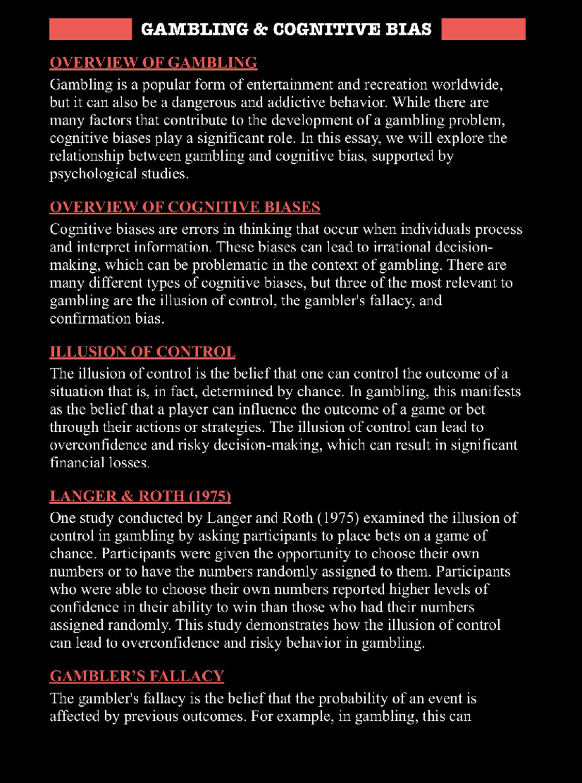 Notes - Gambling and Cognitive Bias - 18205 - Studocu