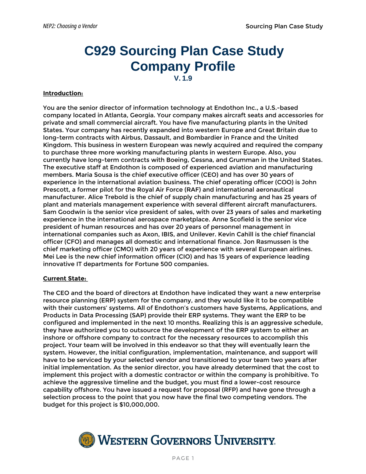 NEP2 Task1Attach Sourcing Plan Case Study - NEP2: Choosing a Vendor ...