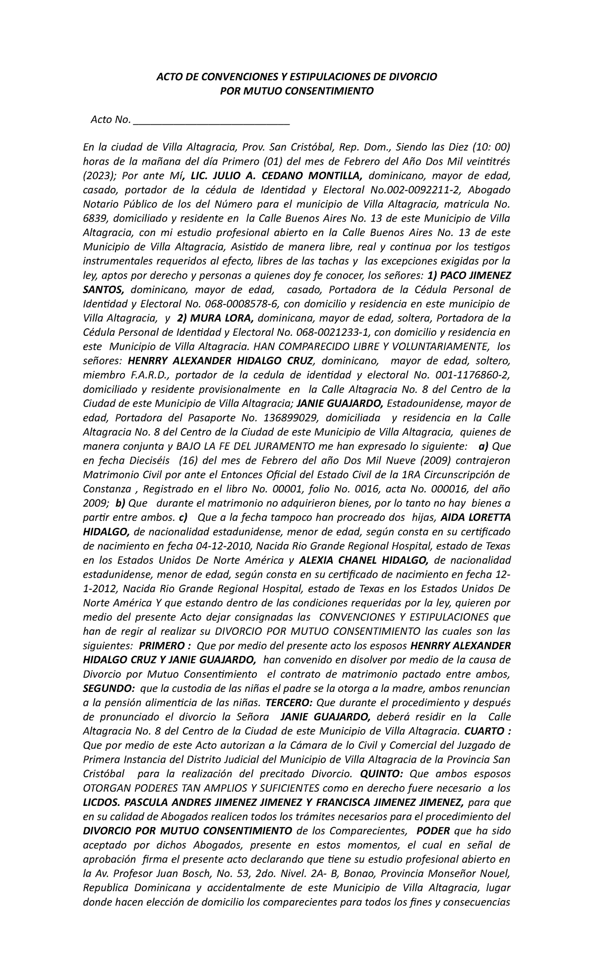 ACTO DE Convenciones Y Estipulaciones DE Divorcio - ACTO DE ...