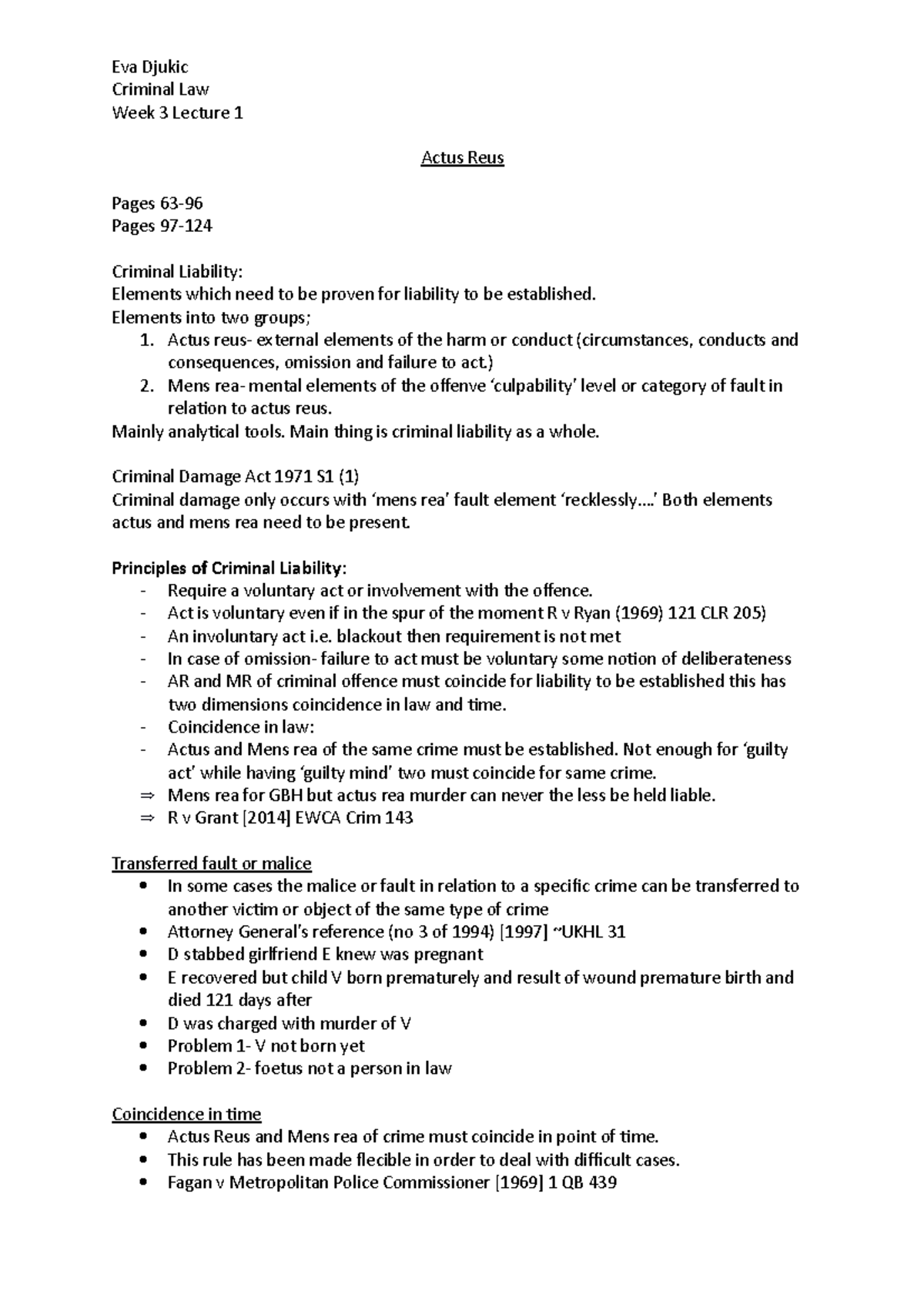 Actus Reus W3L1 - Lecture Notes 3 - Eva Djukic Criminal Law Week 3 ...