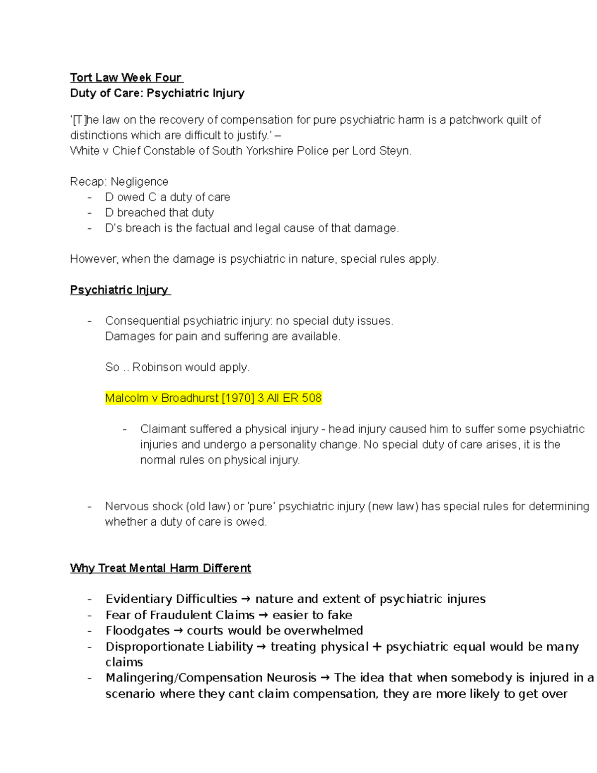 Tort Law Week Four - Lecture Notes - Tort Law Week Four Duty Of Care ...