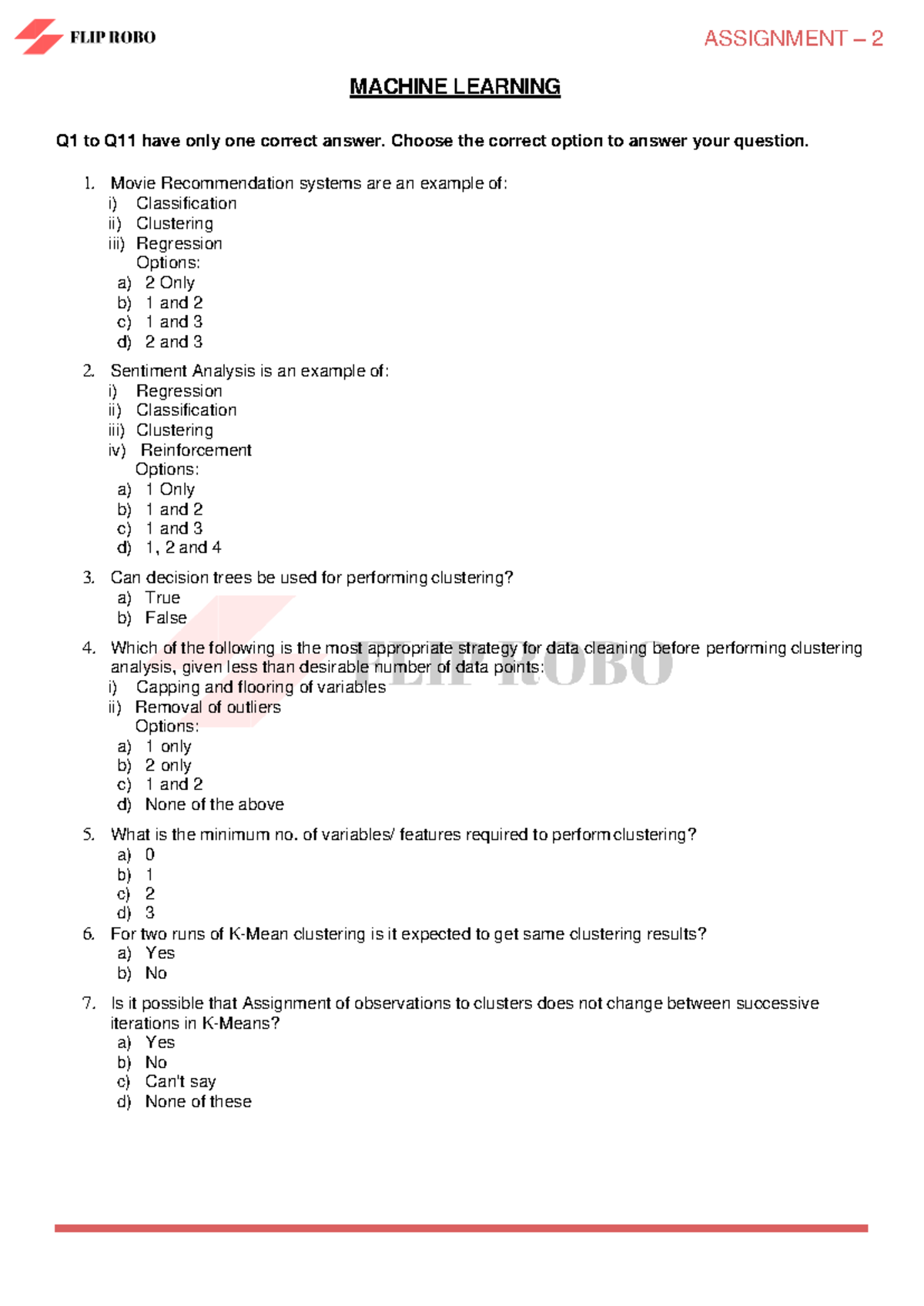 machine learning assignment questions