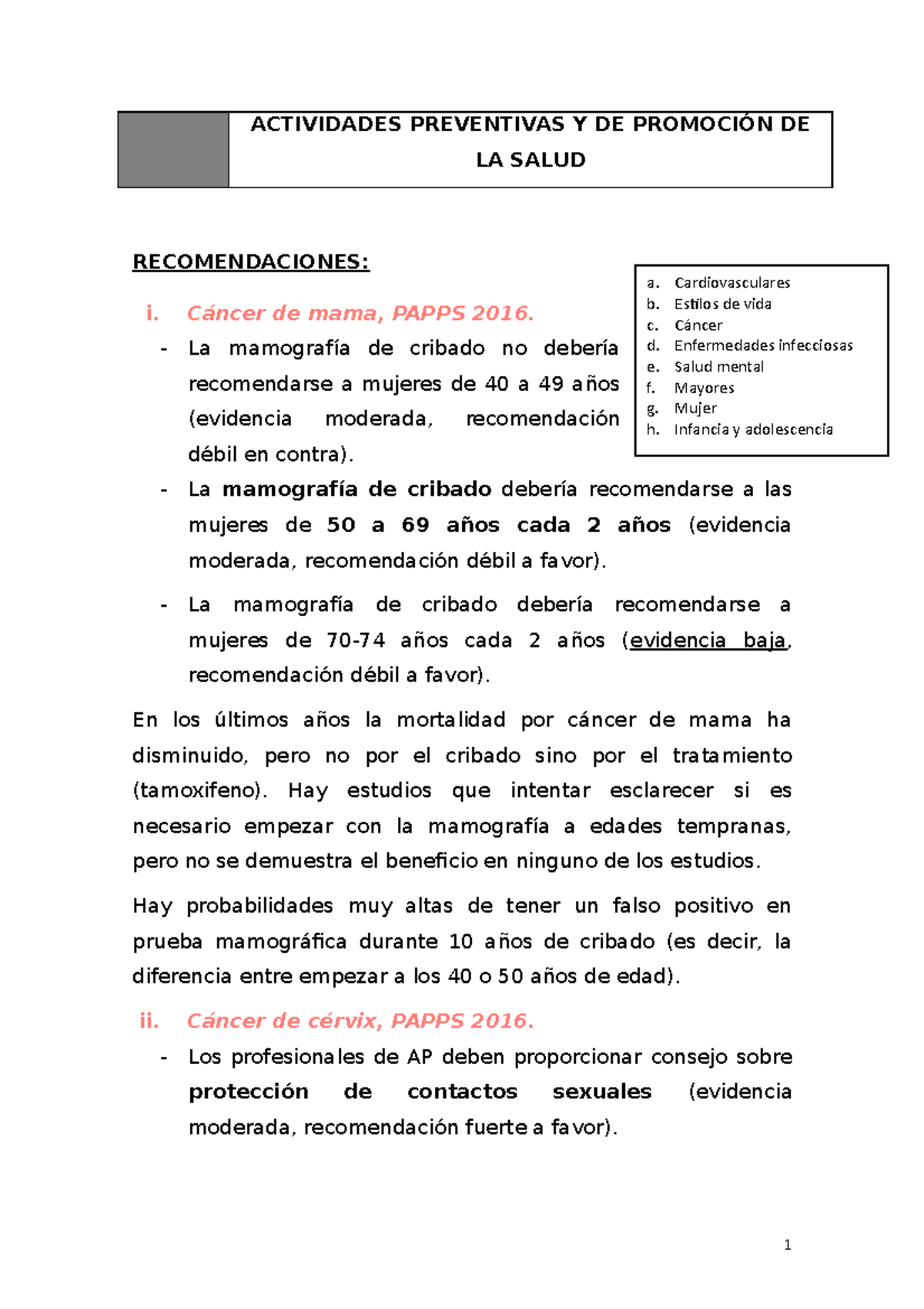 Recomendaciones Preventivas 2 - RECOMENDACIONES: I. Cáncer De Mama ...