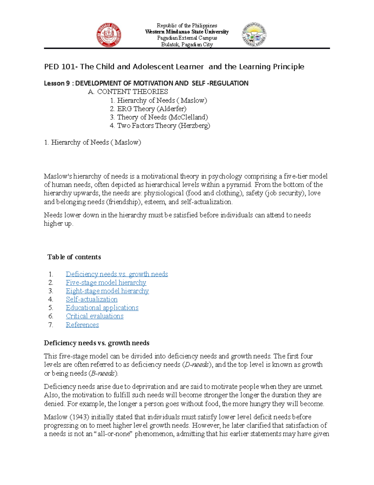 PED 101 Lesson 9 - Republic of the Philippines Western Mindanao State ...