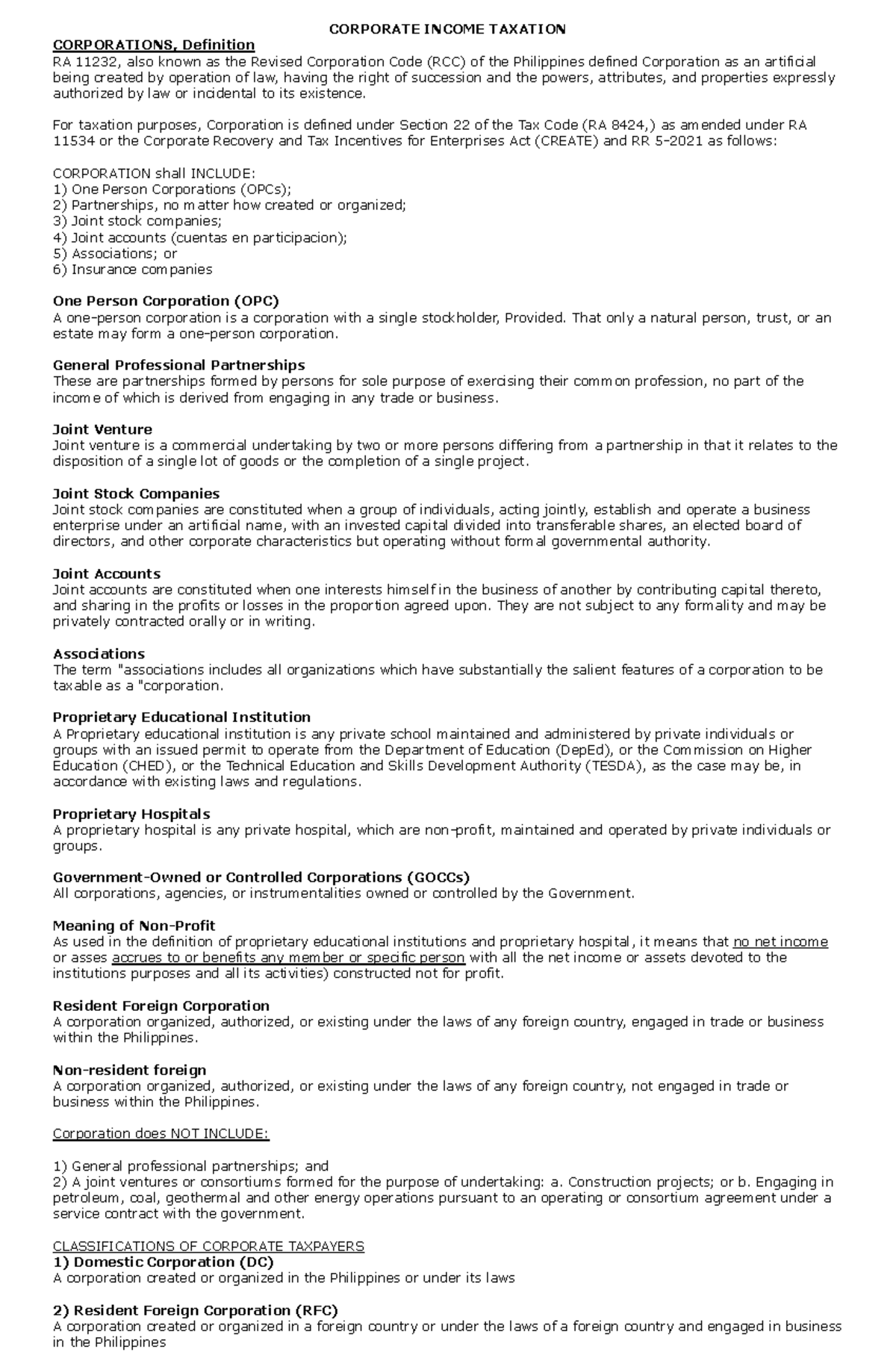 Corporate Income Taxation Notes - CORPORATE INCOME TAXATION ...