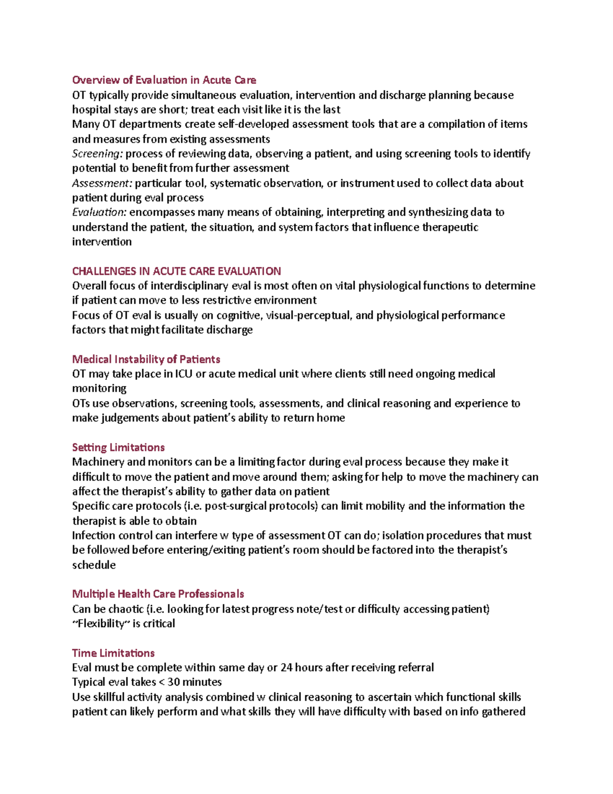 OT in Acute Care CH 3 Eval of Acute Care Patients Overview of