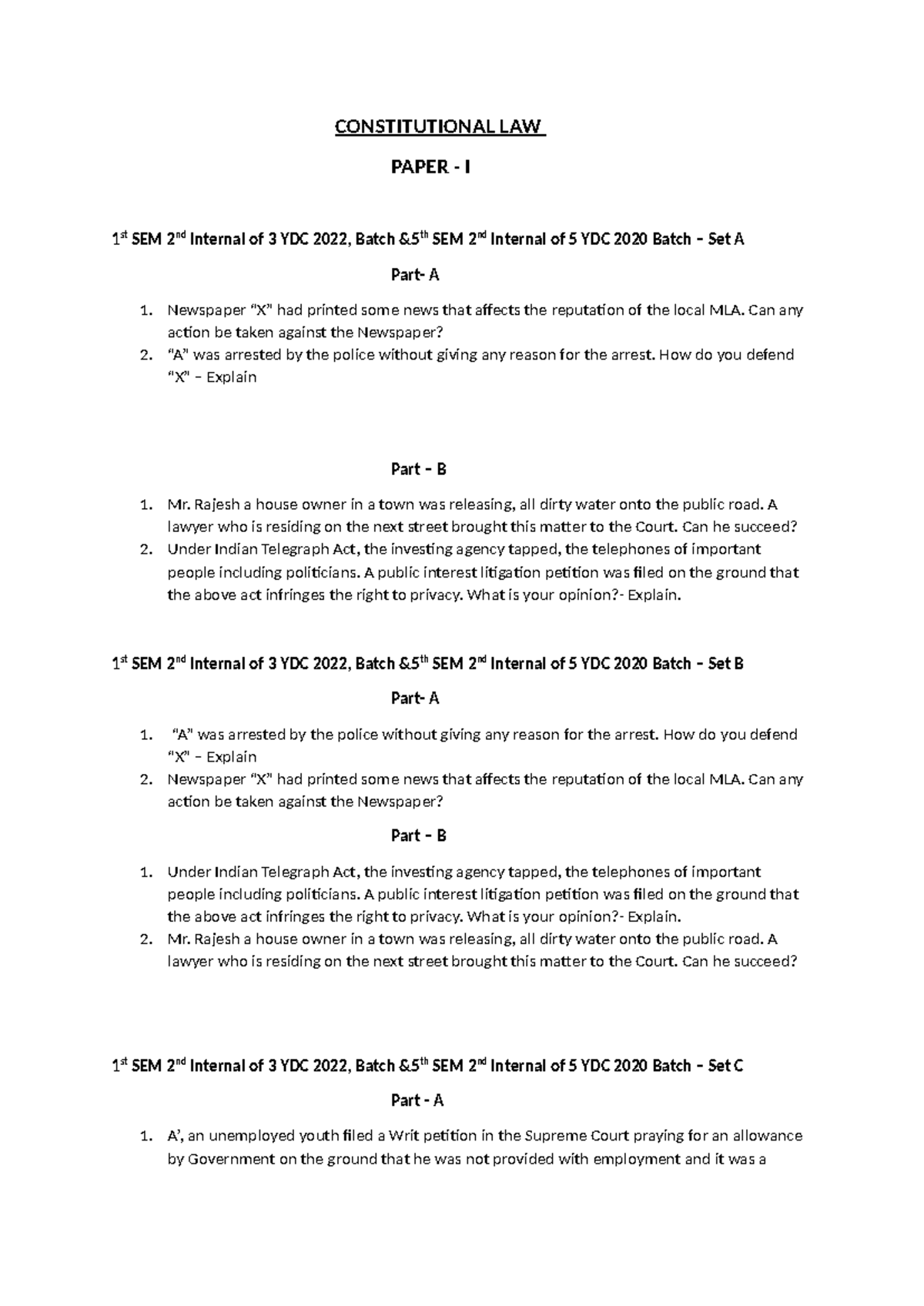 Important papers - CONSTITUTIONAL LAW PAPER - I 1 st SEM 2nd Internal ...