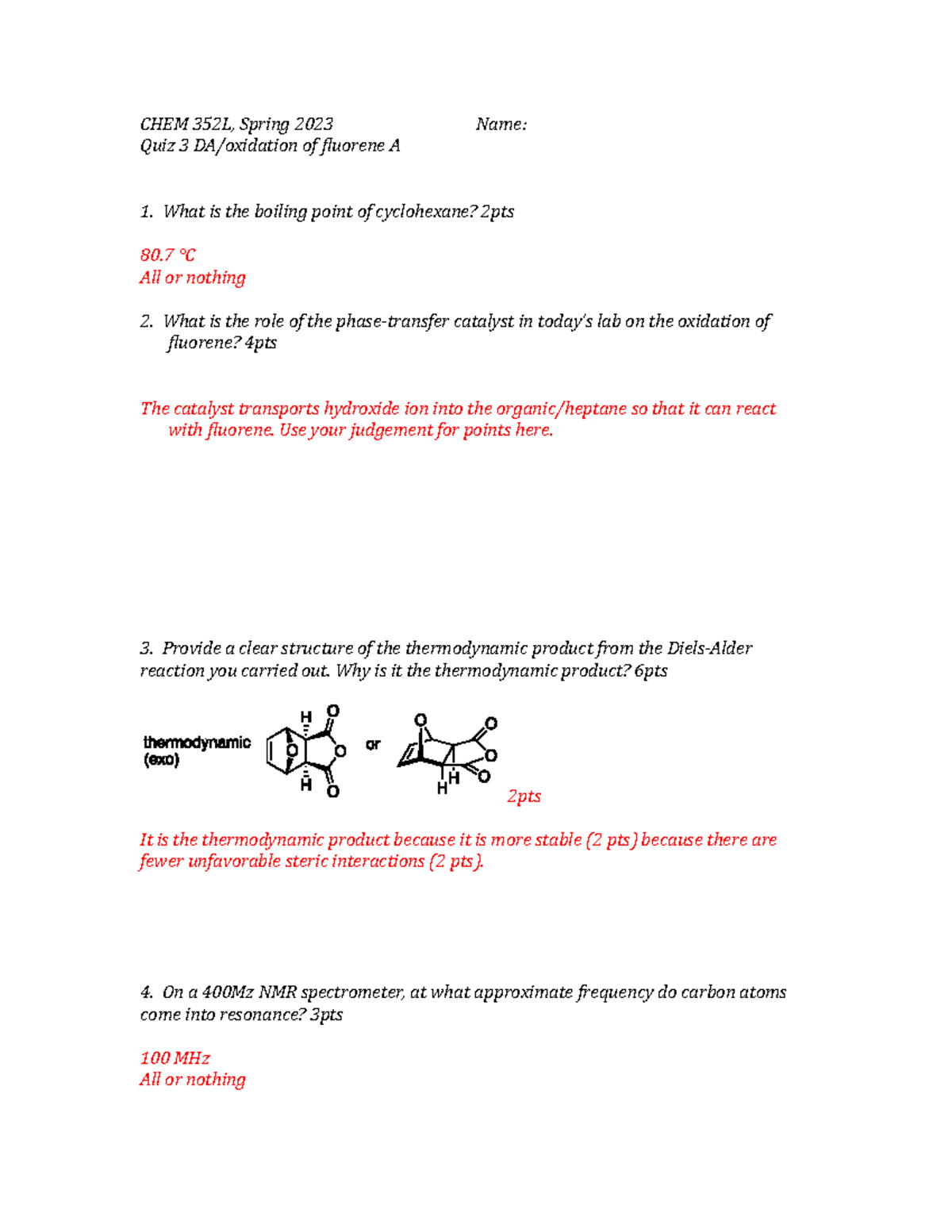 Chem 352 Lab- Diels Alder Oxidation Of Fluorene Quiz Version A Key 