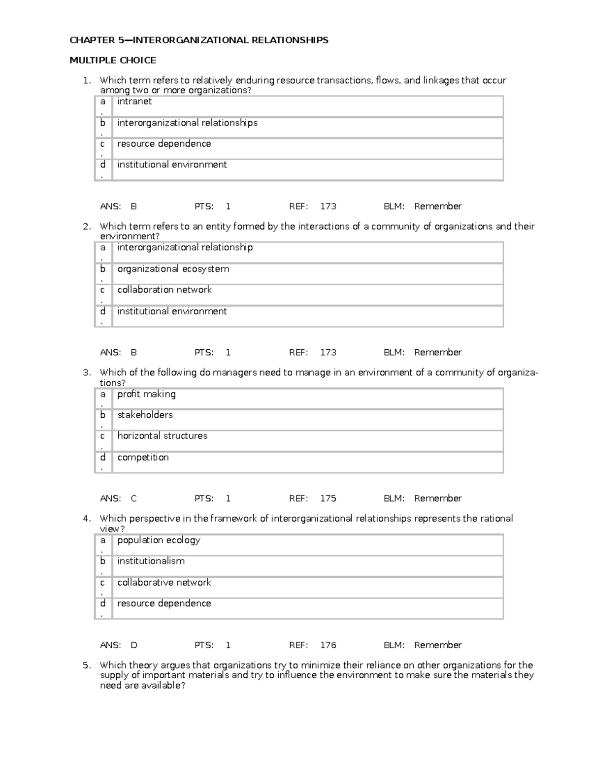 Ch 5 print - Chapter 5 test bank - CHAPTER 5—INTERORGANIZATIONAL ...
