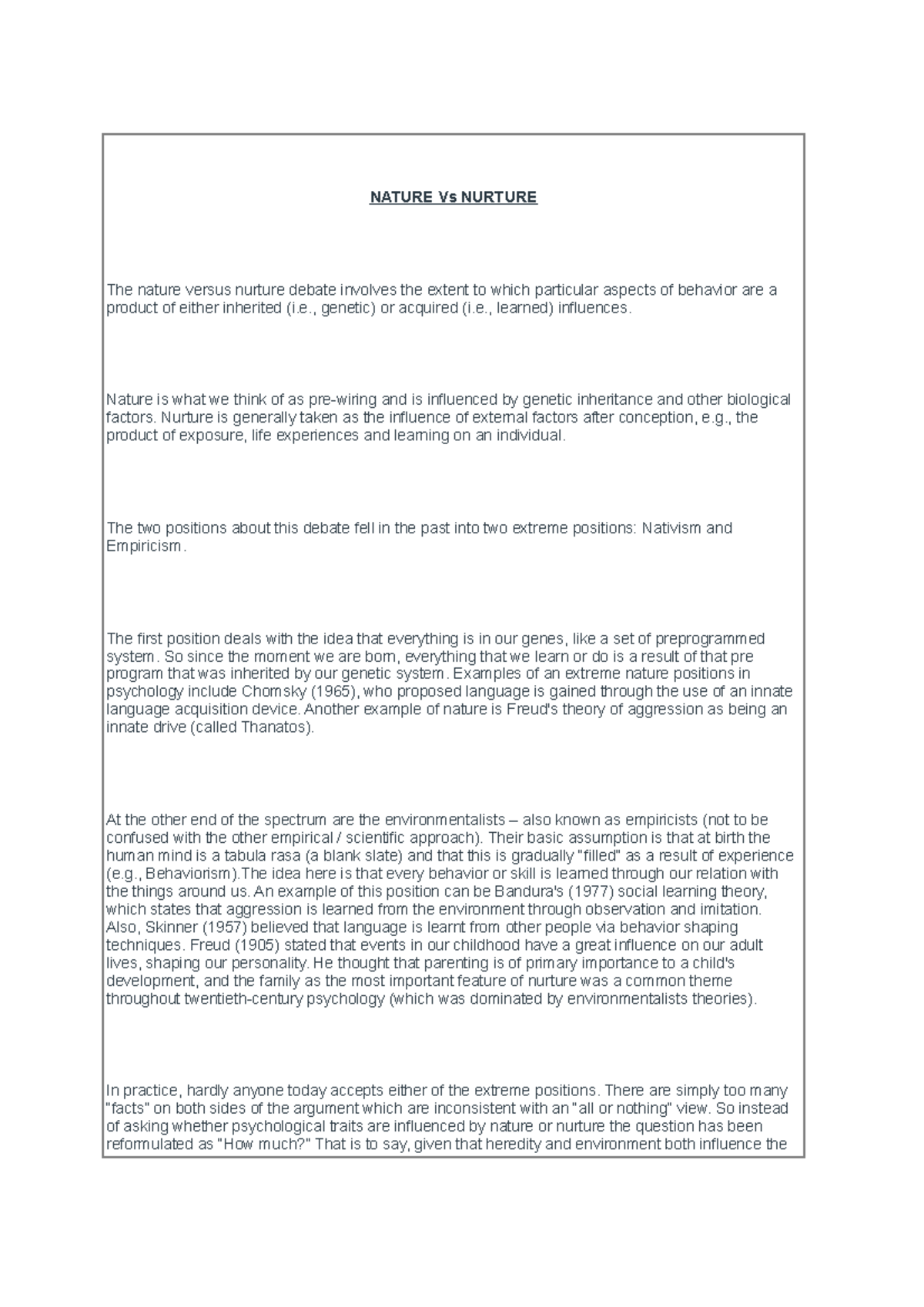 Midtermexamn Avanzando 10 - NATURE Vs NURTURE The nature versus nurture ...