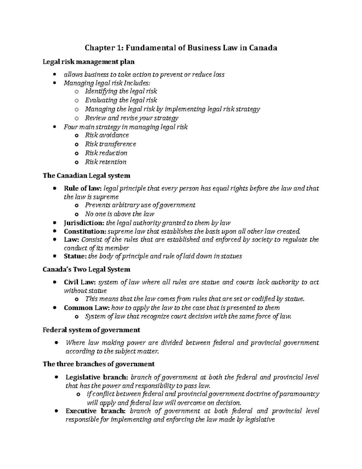 Law Test 1 Notes Chapter 1 Fundamental Of Business Law In Canada 