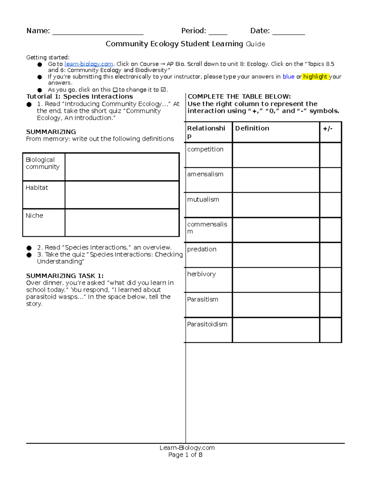 Topic 8.5 and 8.6 Community Ecology Student Learning Guide - Name
