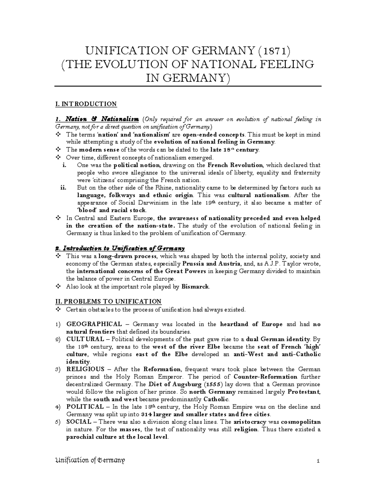 Unification of Germany (Notes) UNIFICATION OF GERMANY (1871) (THE