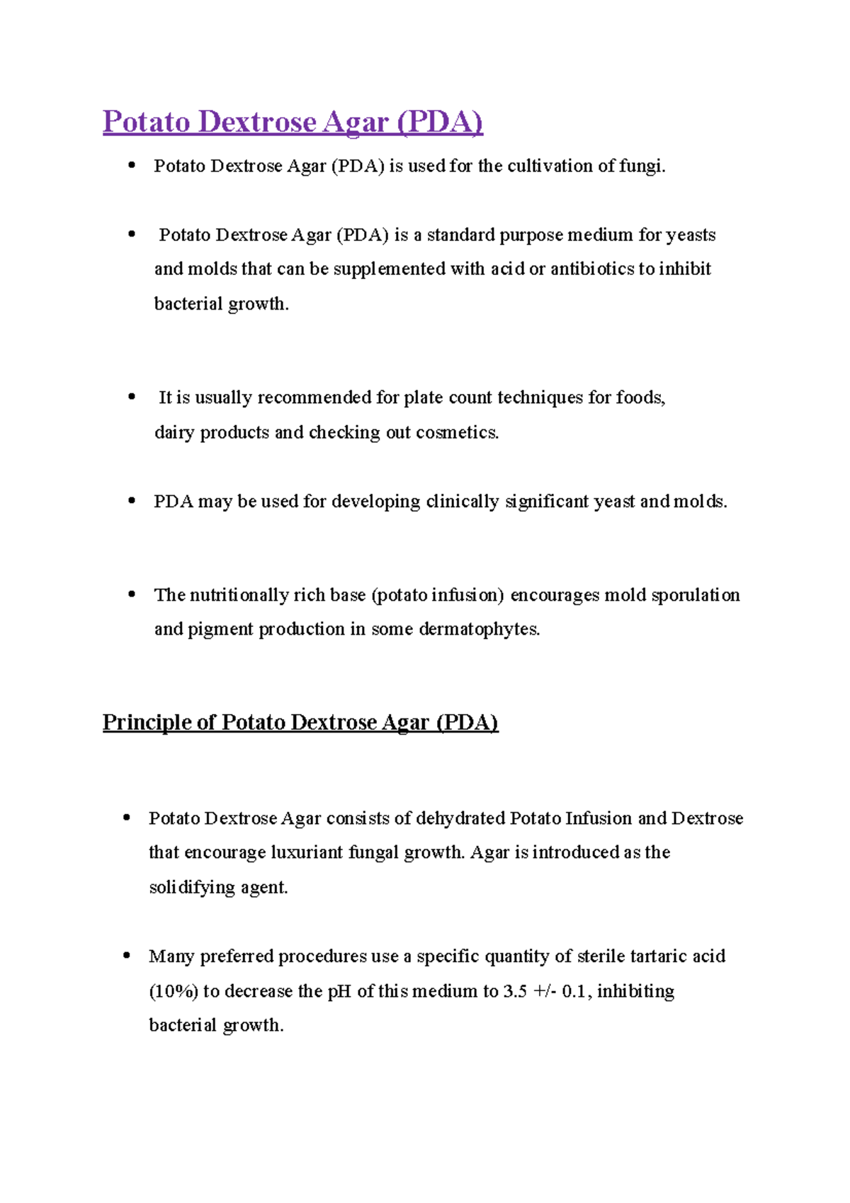 PDA - It Is Lecture Notes - Potato Dextrose Agar (PDA) Potato Dextrose ...