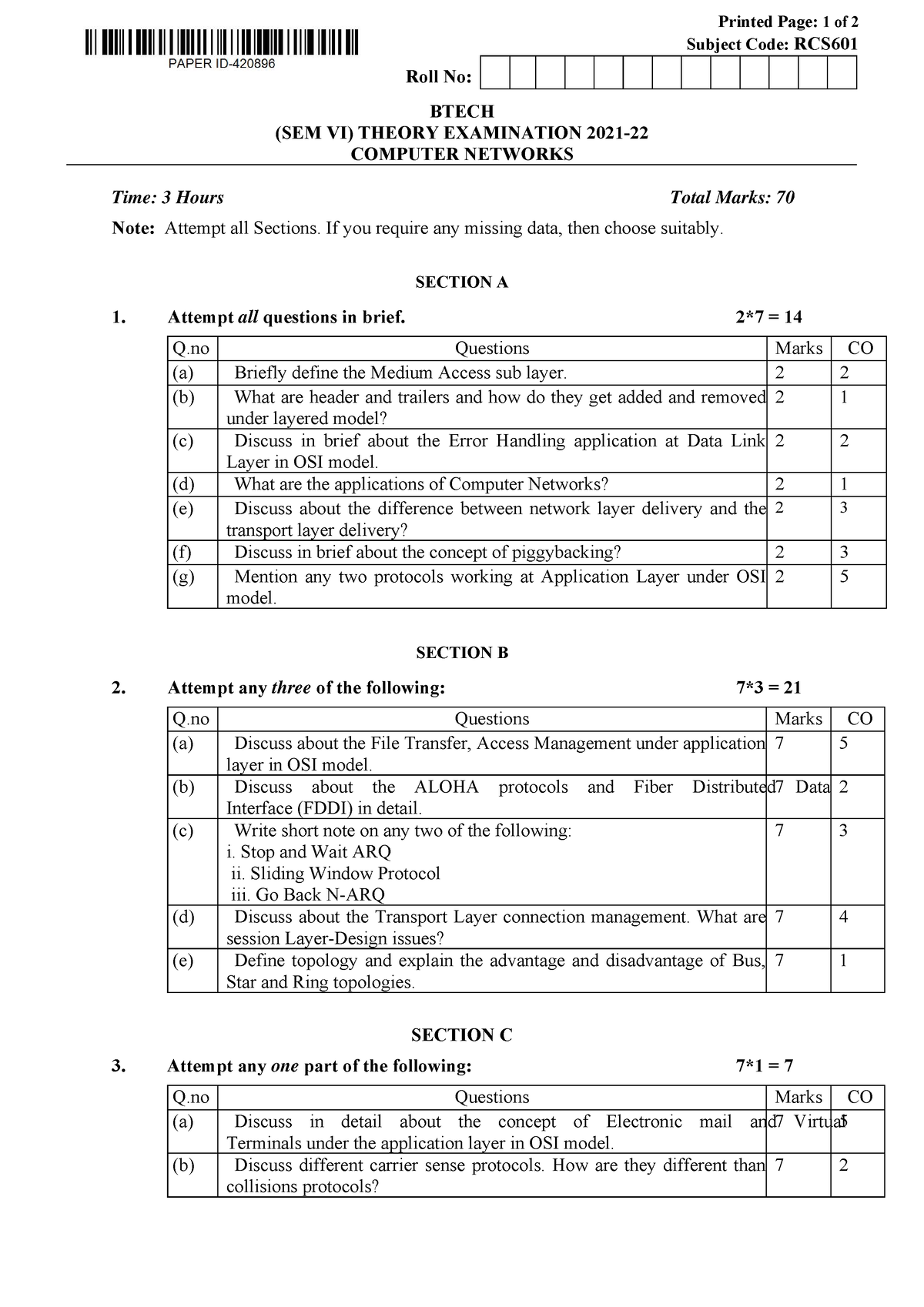 Btech cs 6 sem computer networks rcs601 2022 - Printed Page: 1 of 2 ...