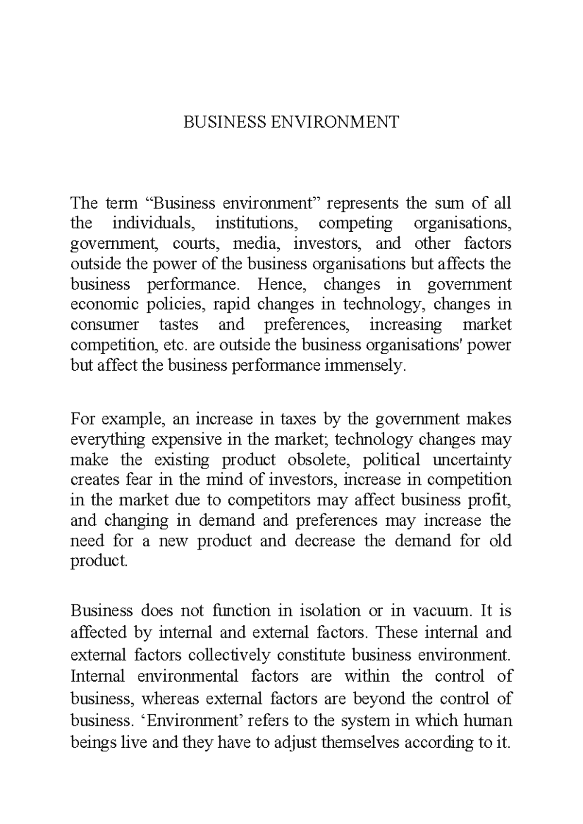 Business Environment - BUSINESS ENVIRONMENT The term “Business ...