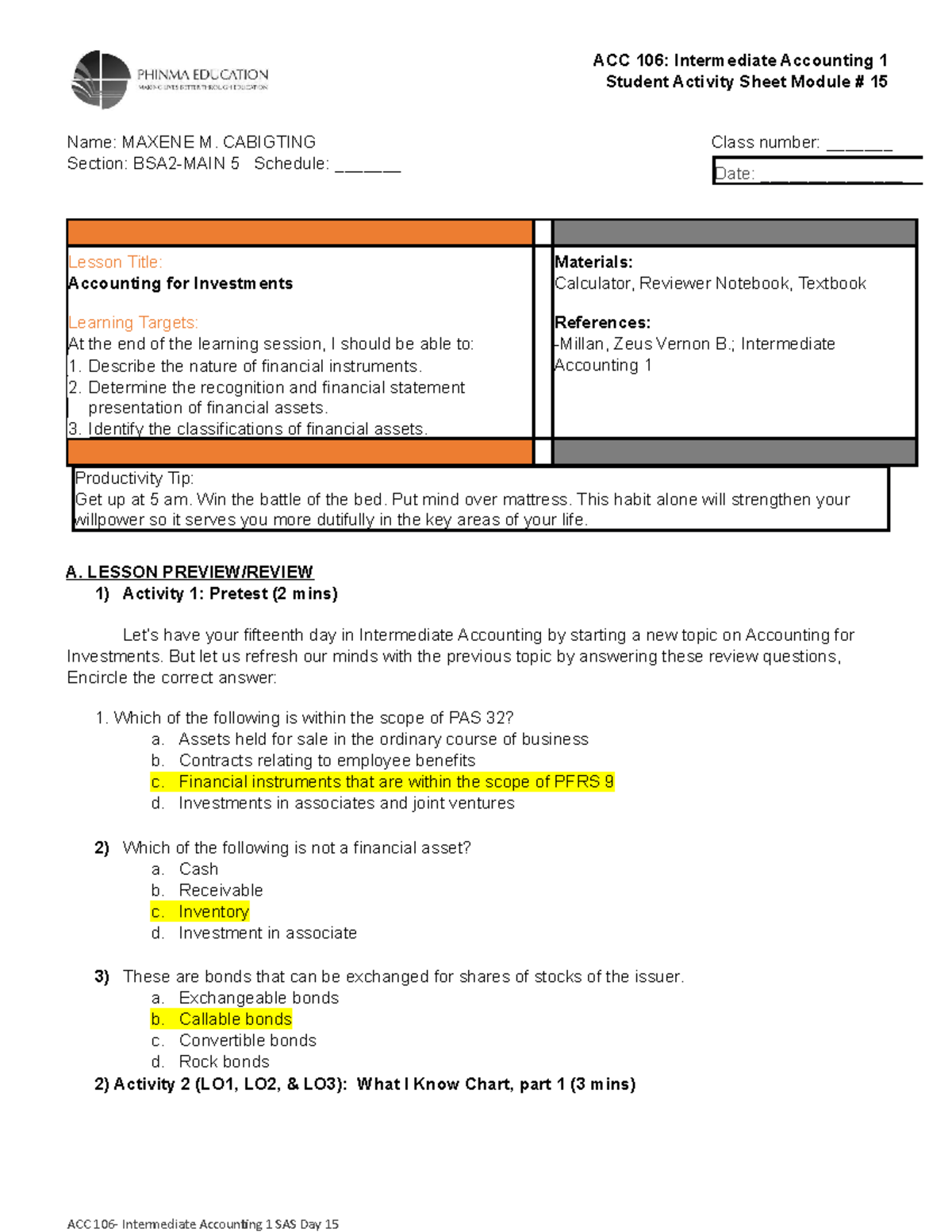 ACC 106 Merged Complete - Student Activity Sheet Module # 15 Name ...