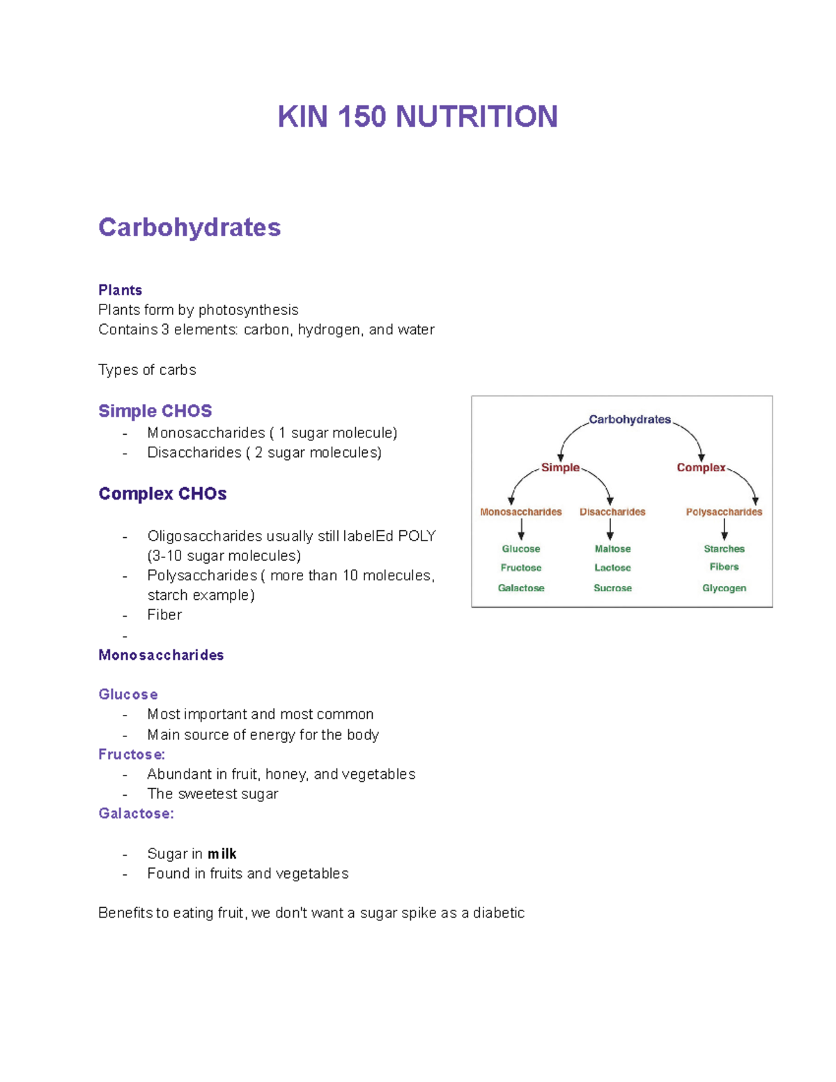 Nutrition Notes - KIN 150 NUTRITION Carbohydrates Plants Plants form by ...