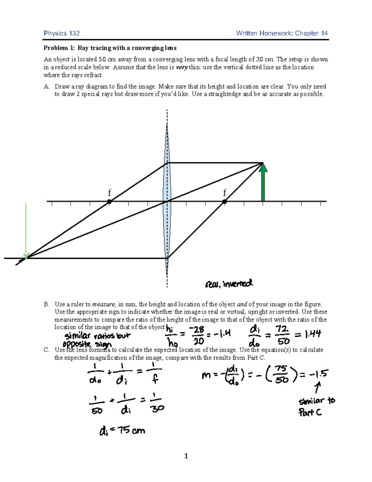 Written Hw 14 - Problem 1: Ray Tracing With A Converging Lens An Object 