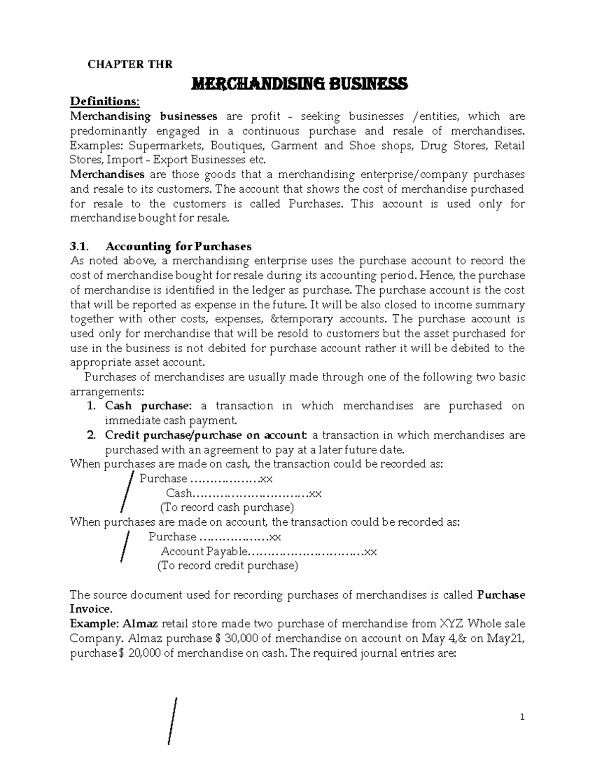 Acct 2021 ch 3 unity CHAPTER THR Merchandising BUSINESS Definitions