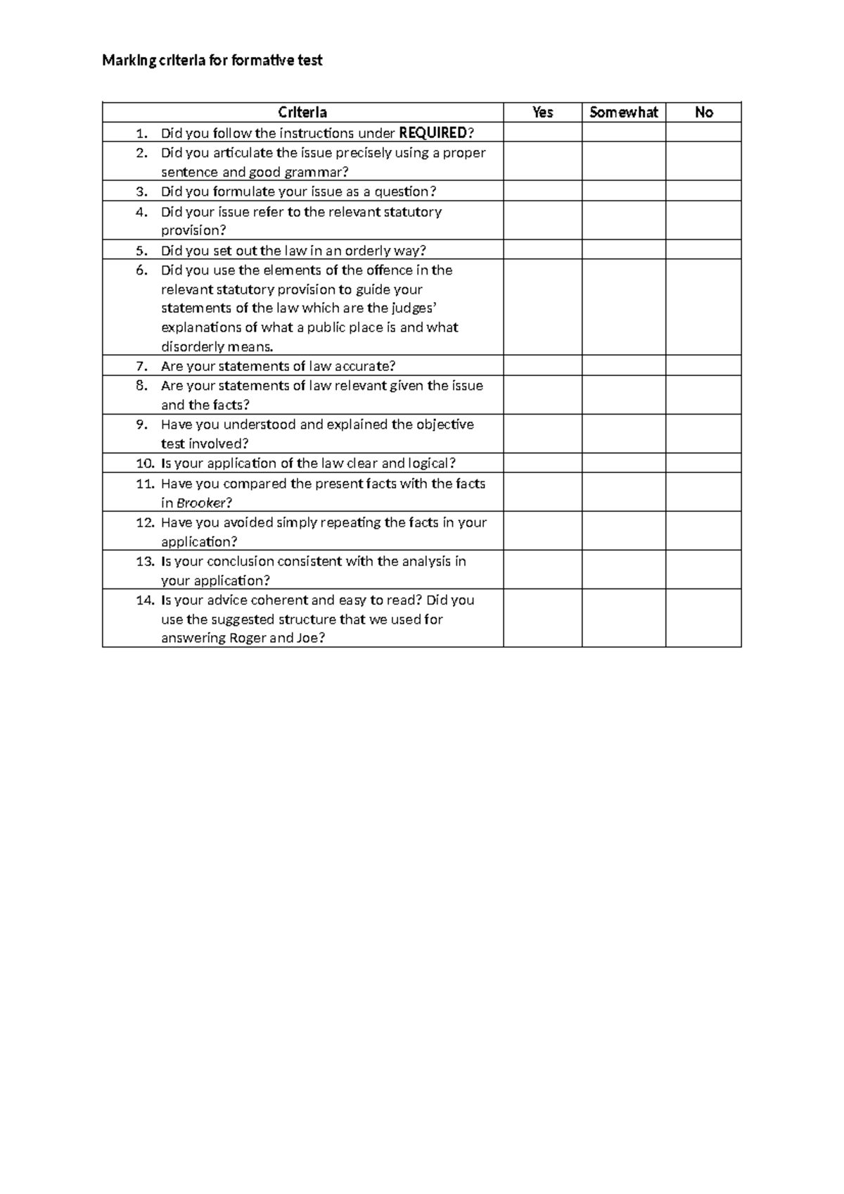 Marking criteria - formative test 316881587 - Marking criteria for ...