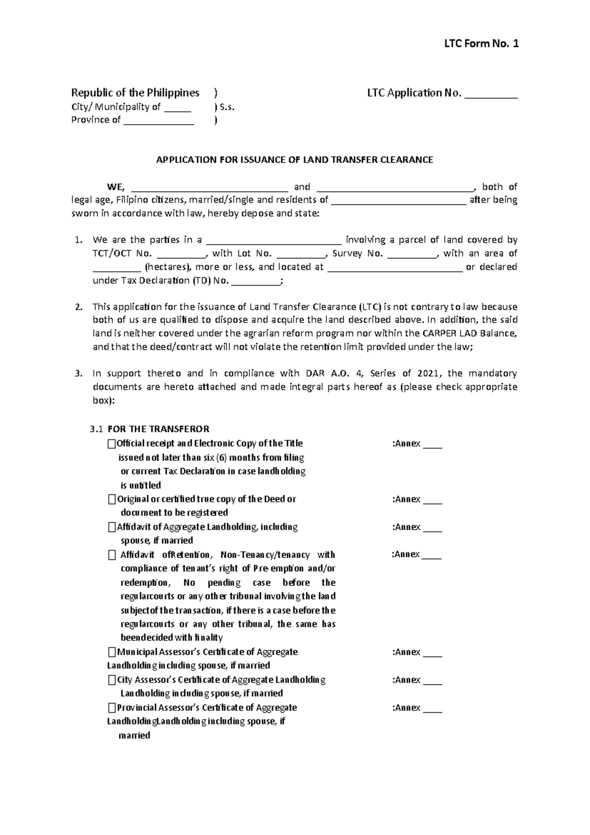 LTC APPLICATION - :Annex ____ LTC Form No. 1 Republic of the ...