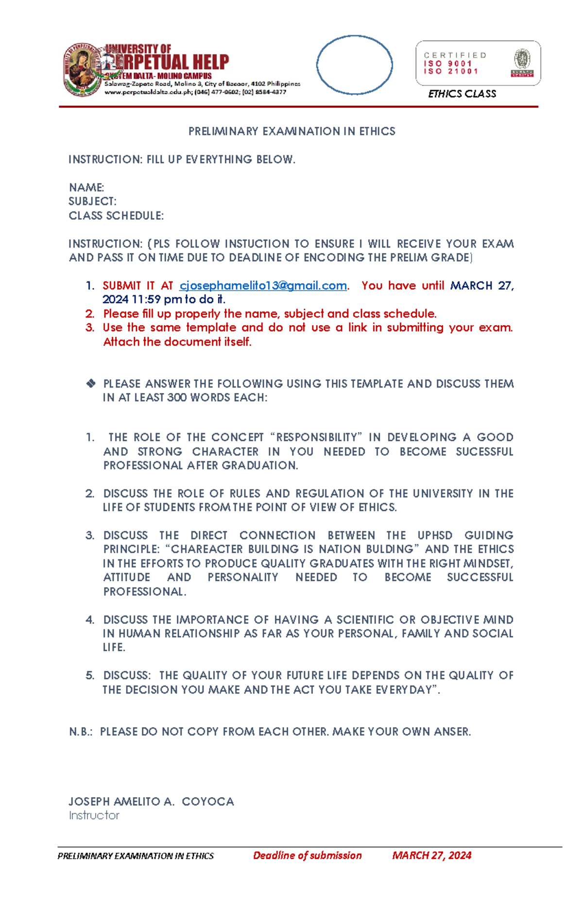 SY 2023 2024 Ethics Prelim EXAM Second SEM - ETHICS CLASS PRELIMINARY ...