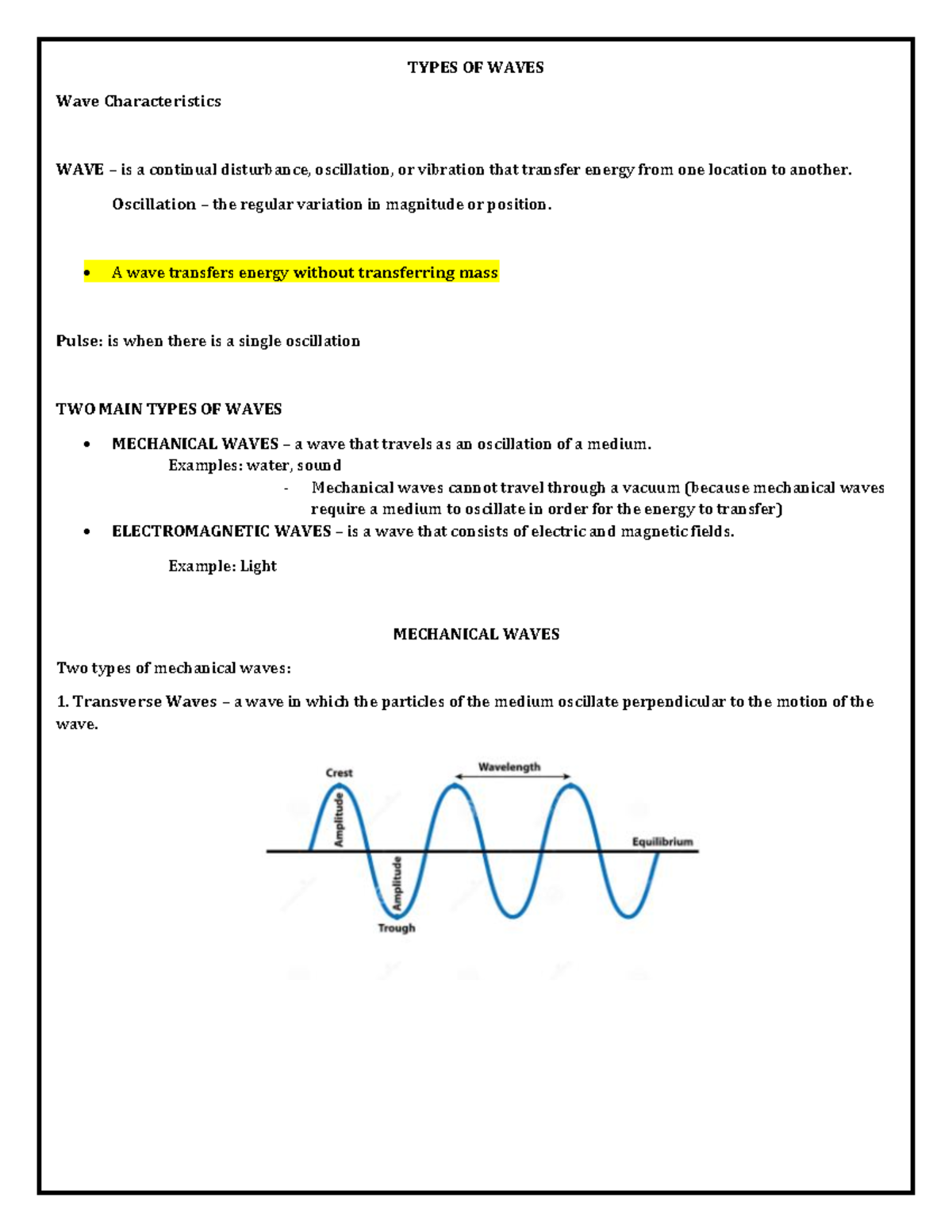 notes for different types of waves (Sound waves) Bs Nursing TSU