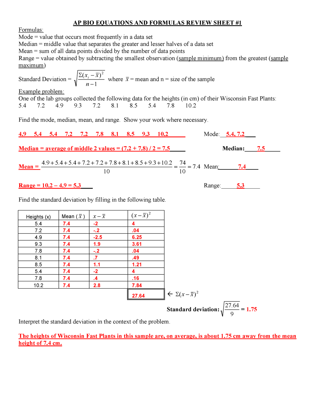 AP bio equation and Formula review AP BIO EQUATIONS AND