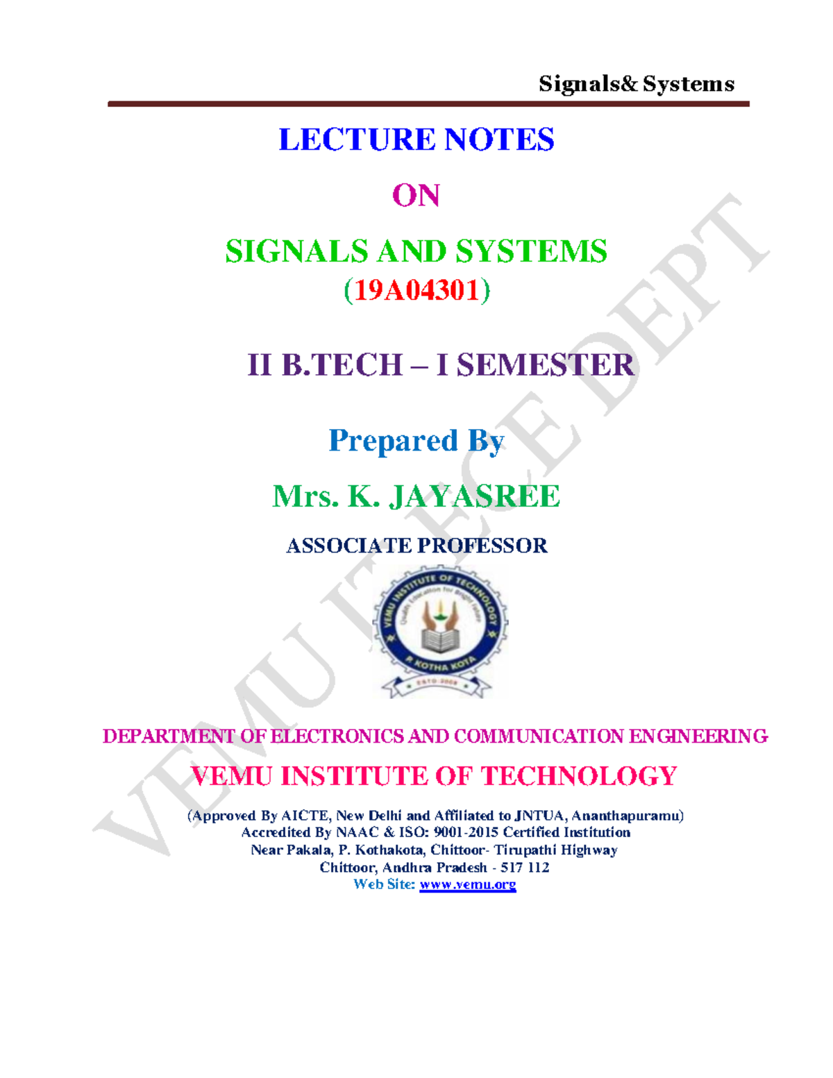 Signals and systems vemu - Signals& Systems LECTURE NOTES ON SIGNALS ...