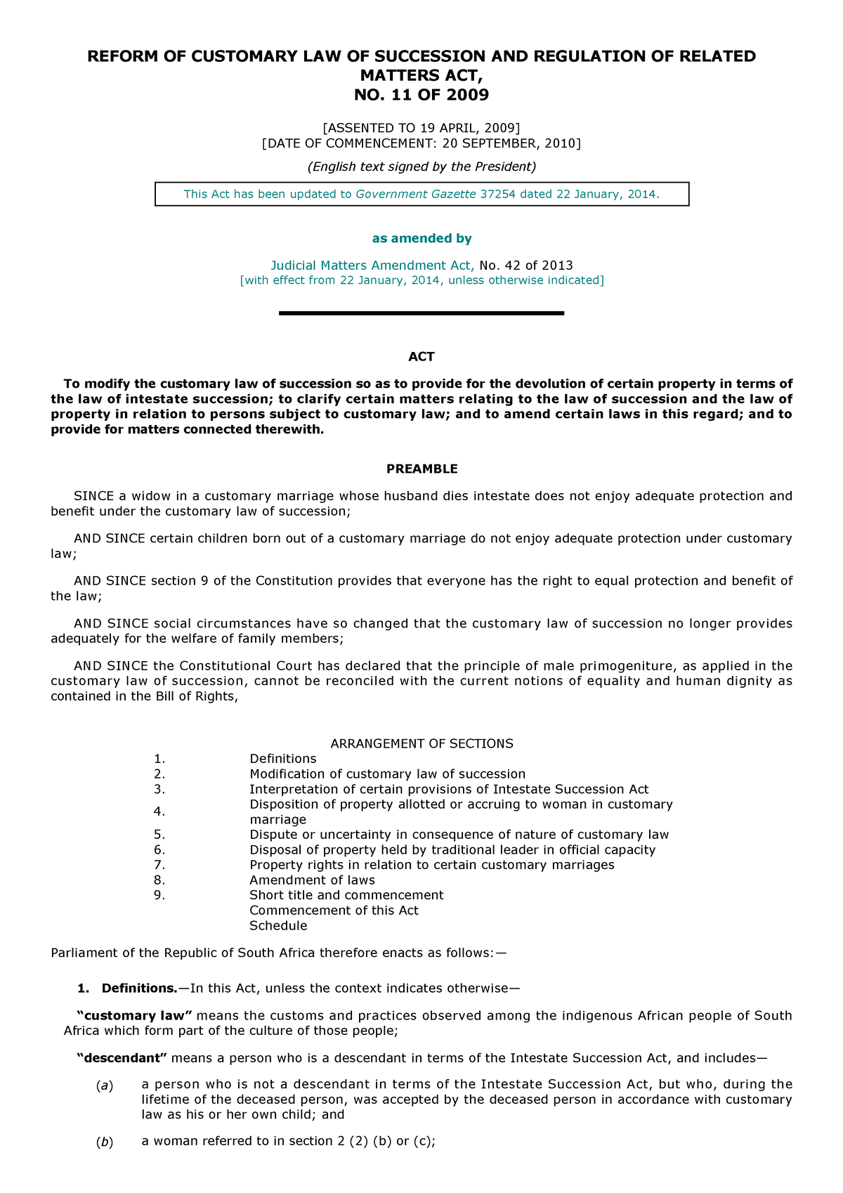 4. Reform Of Customary Law Of Succession Act 11 Of 2009 - REFORM OF ...