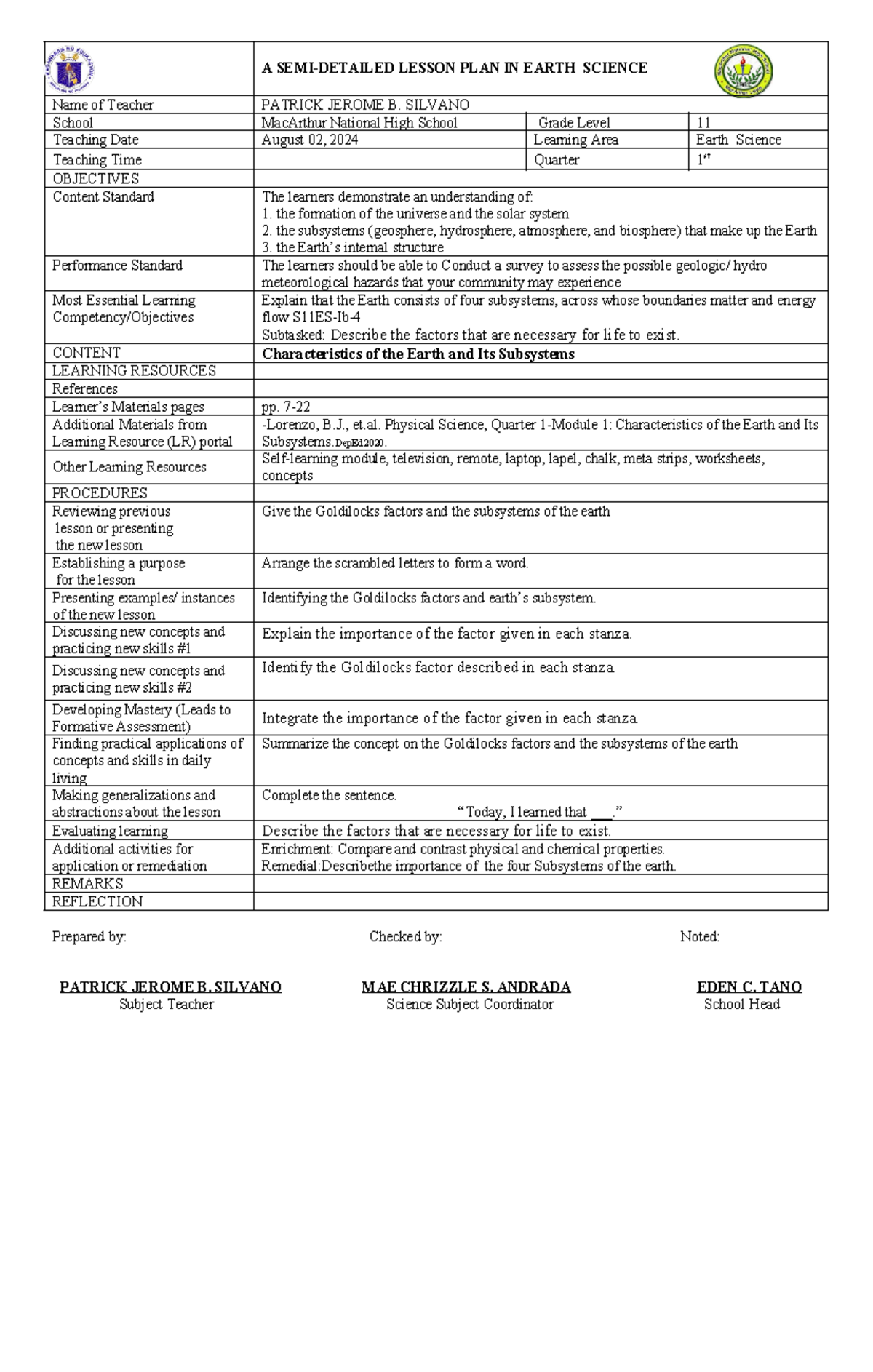 STEM Lesson plan 5 - Prepared by: Checked by: Noted: PATRICK JEROME B ...