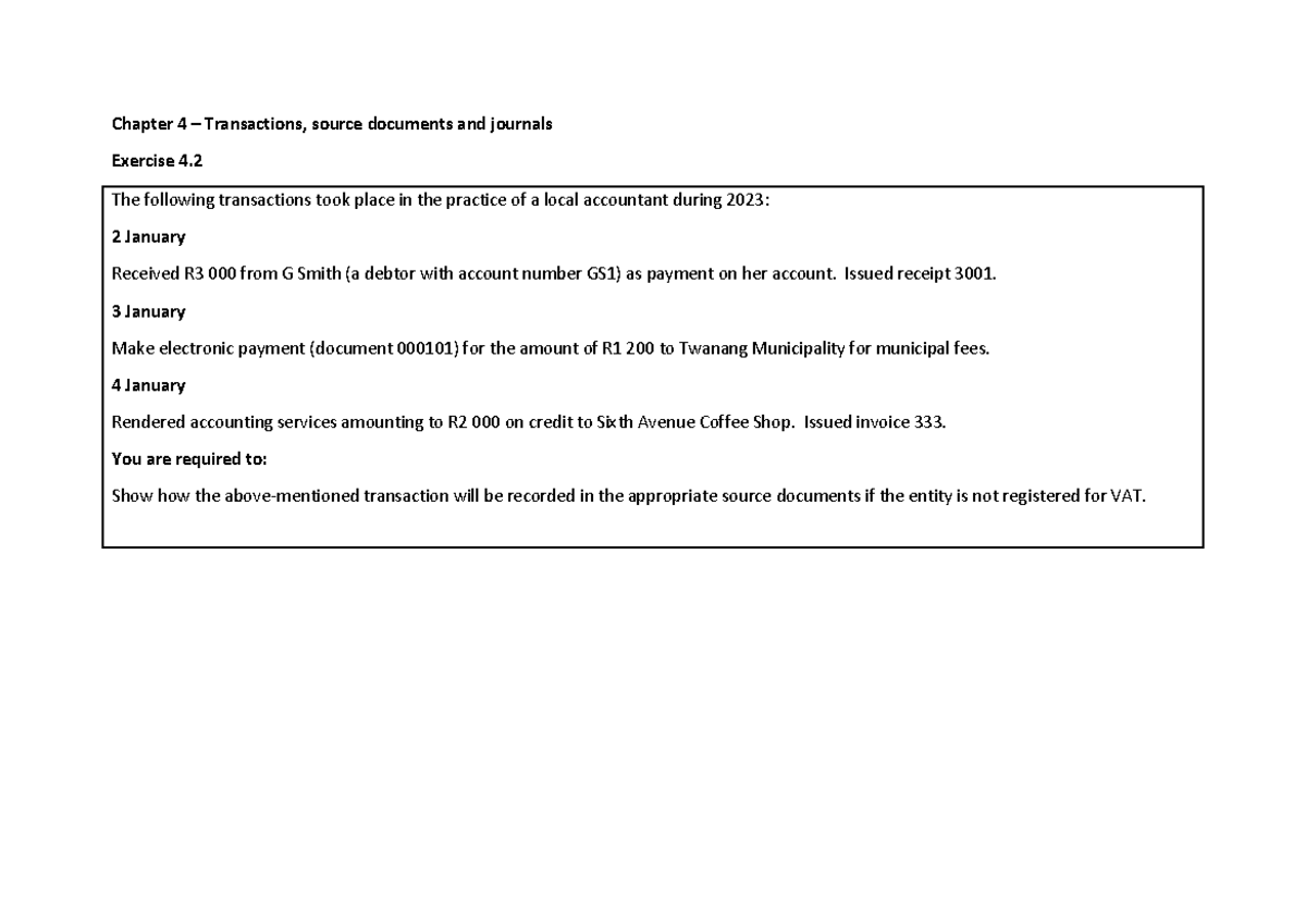 Exercises - Transactions, source documents and journals (4.2 and 4.3 ...