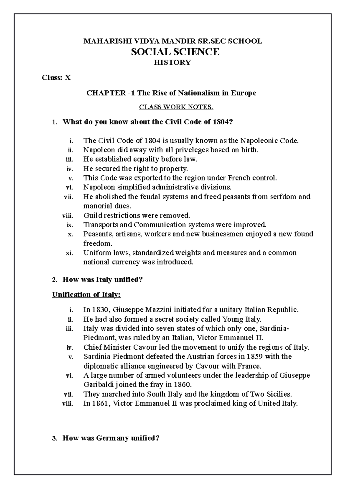 CBSE Class X History Class WORK Notes CH 1 RISE OF Nationalism IN