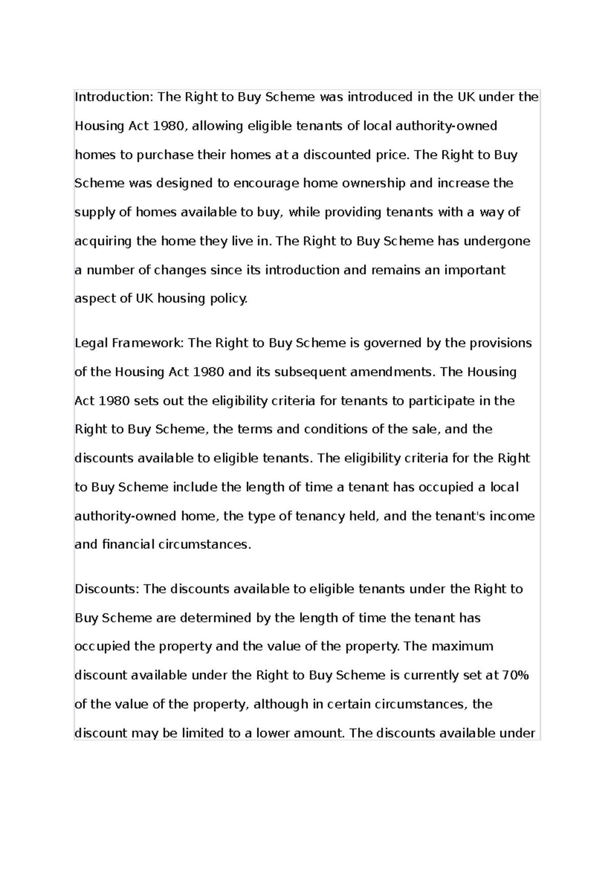 The Right to Buy scheme ``` Introduction The Right to Buy Scheme