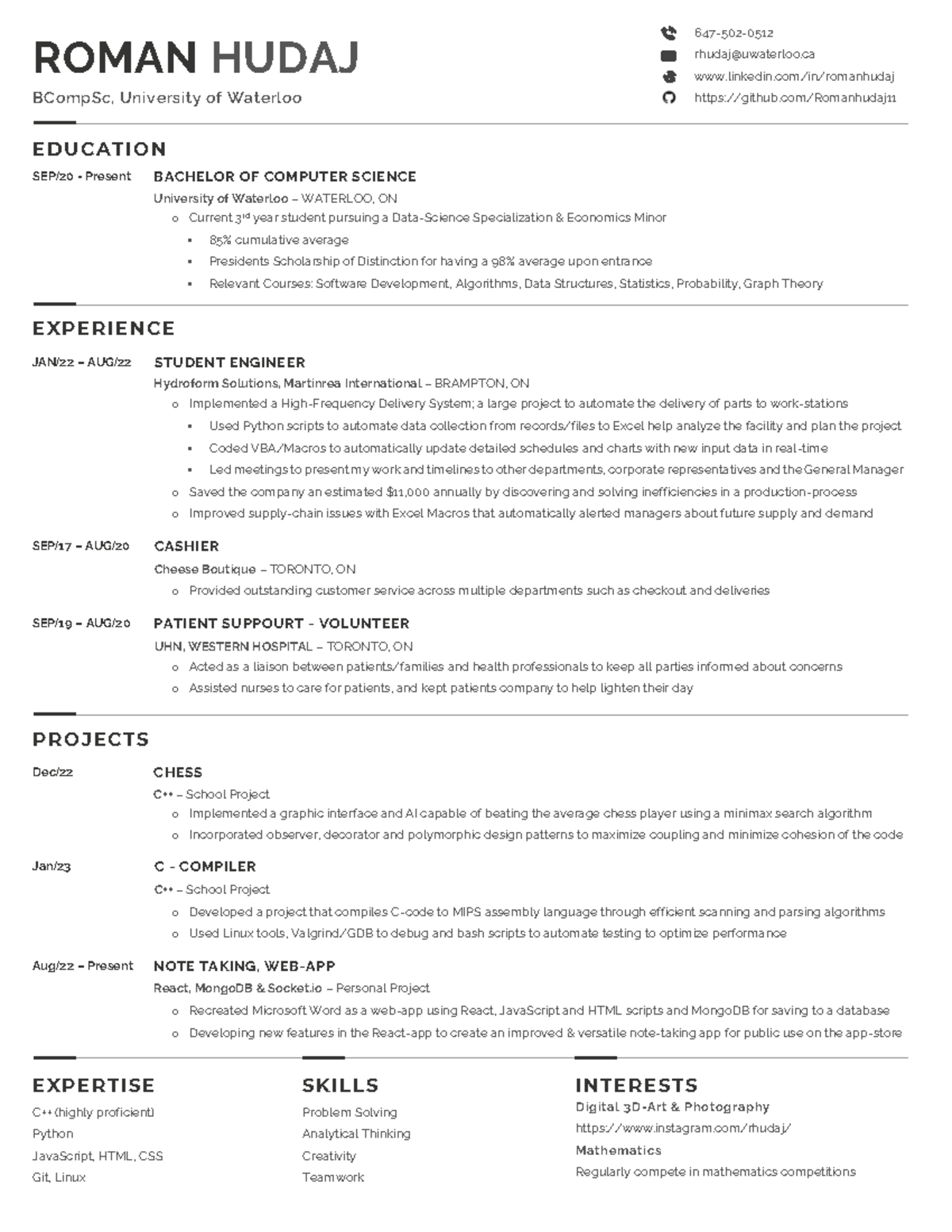 Roman Hudaj Resume - ROMAN HUDAJ BCompSc, University of Waterloo EX P E ...