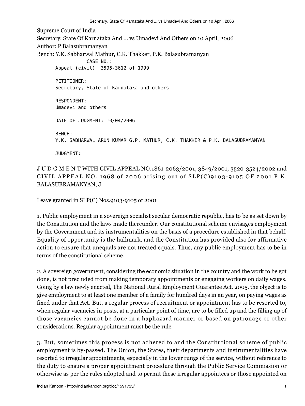 Secretary State Of Karnataka And vs Umadevi And Others on 10 April 2006 ...