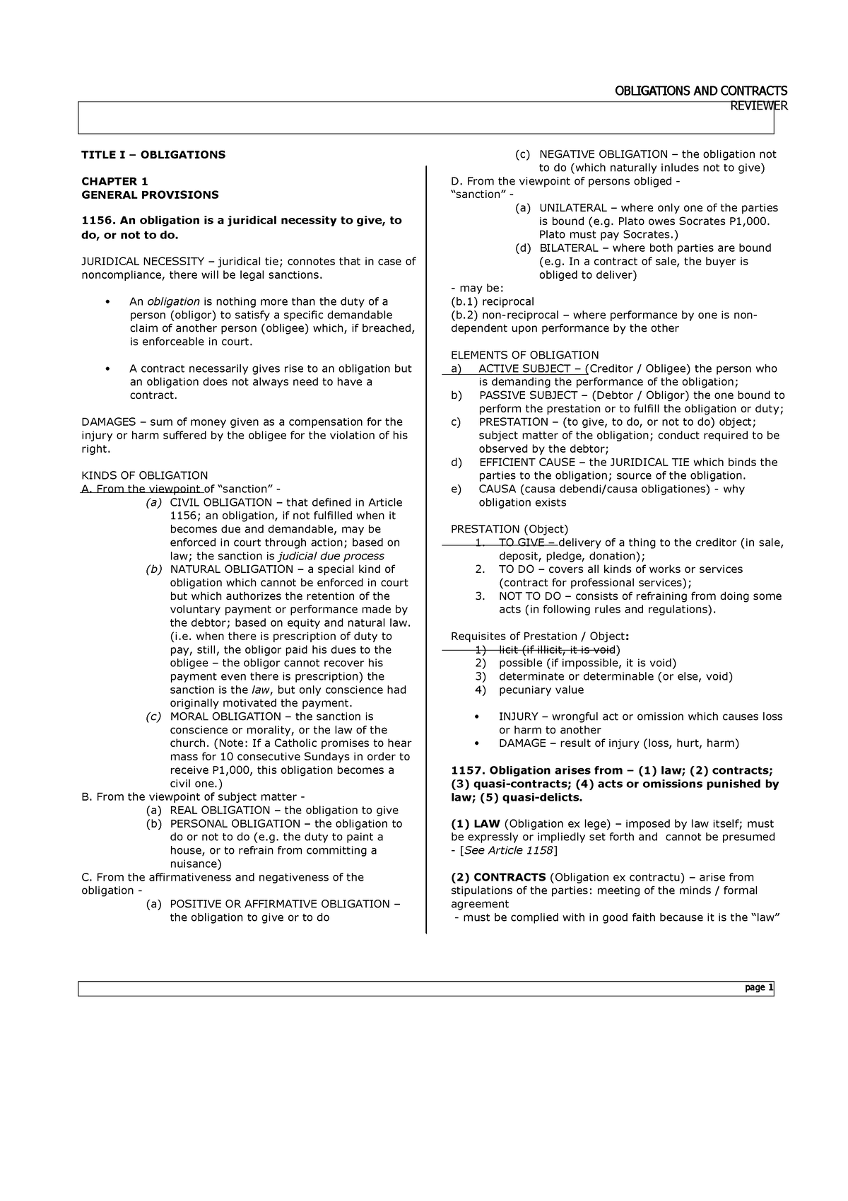 Oblicon-reviewer-summary-the-law-on-obligations-and-contracts Compress ...