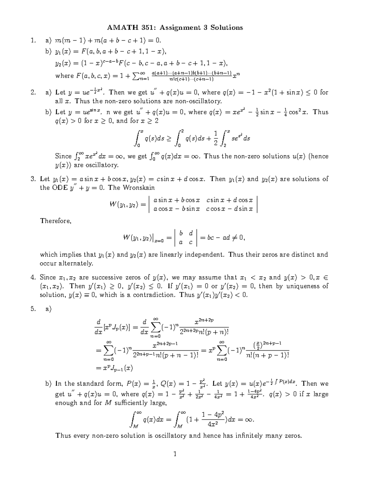 Assign 3solu - AMATH 351: Assignment 3 Solutions A) M(m − 1) + M(a + B ...