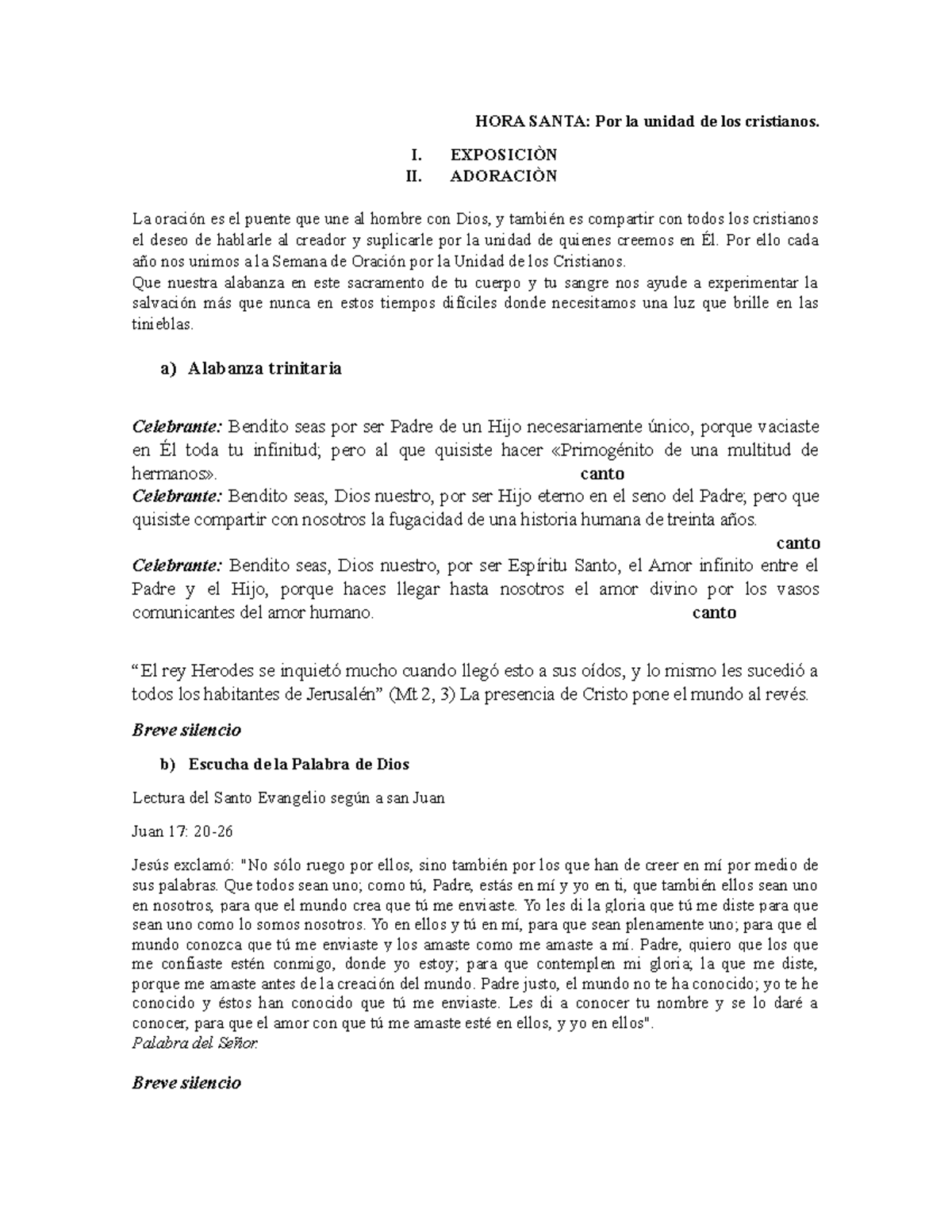 Esquema de Hora Santa - Por la unidad de los cristianos - HORA SANTA ...
