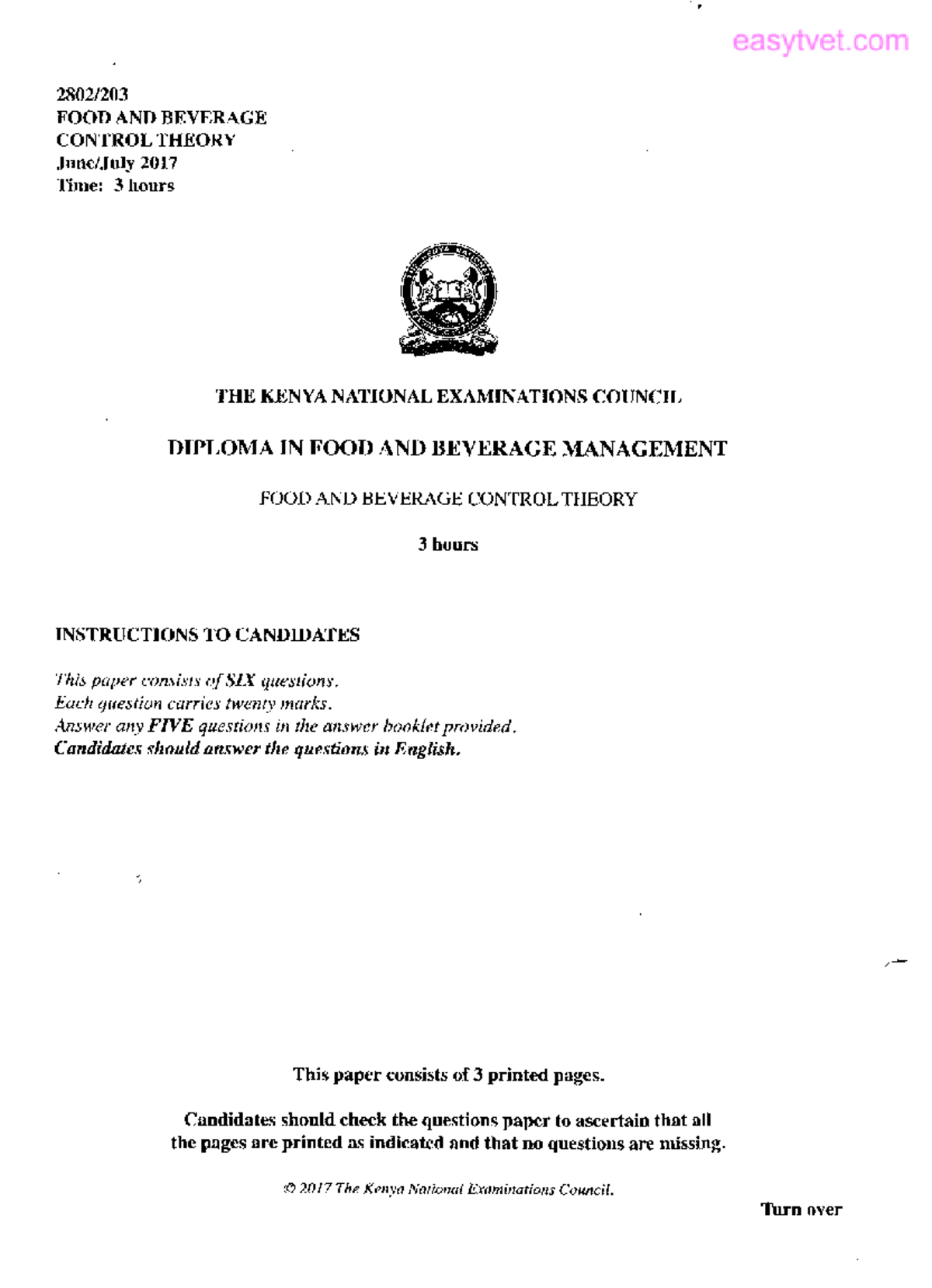 2017 july KNEC EXAMS Food and beverages production sales and