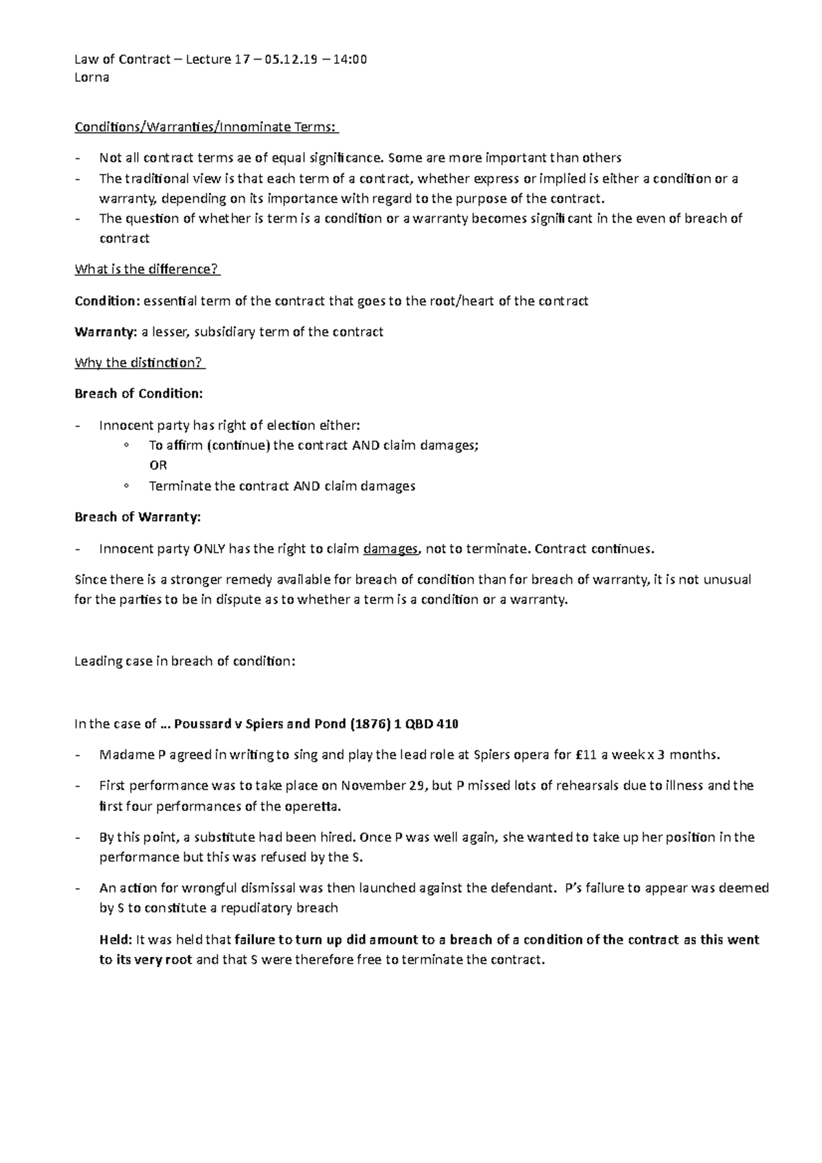 Conditions, Warranties & Innominate Terms Lorna Condiions/Warranies